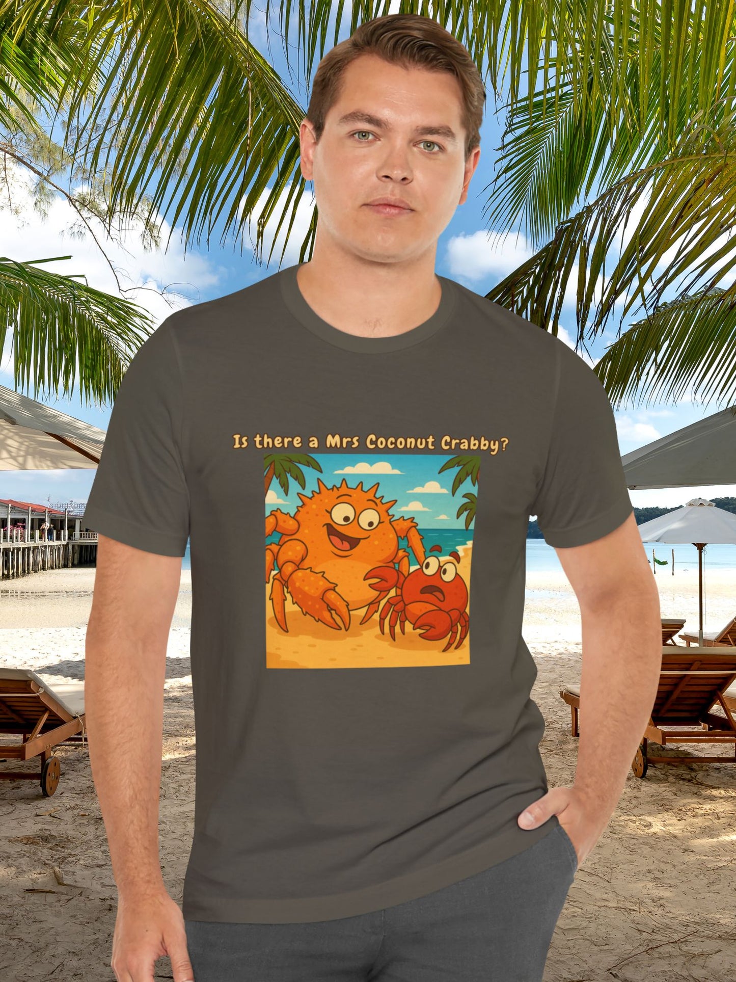'Is There a Mrs Coconut Crabby?' Funny Crab Graphic Unisex T-Shirt, Beach Lover Gift, Tropical Vacation Shirt, Cute Cartoon T-Shirt, Summer Apparel