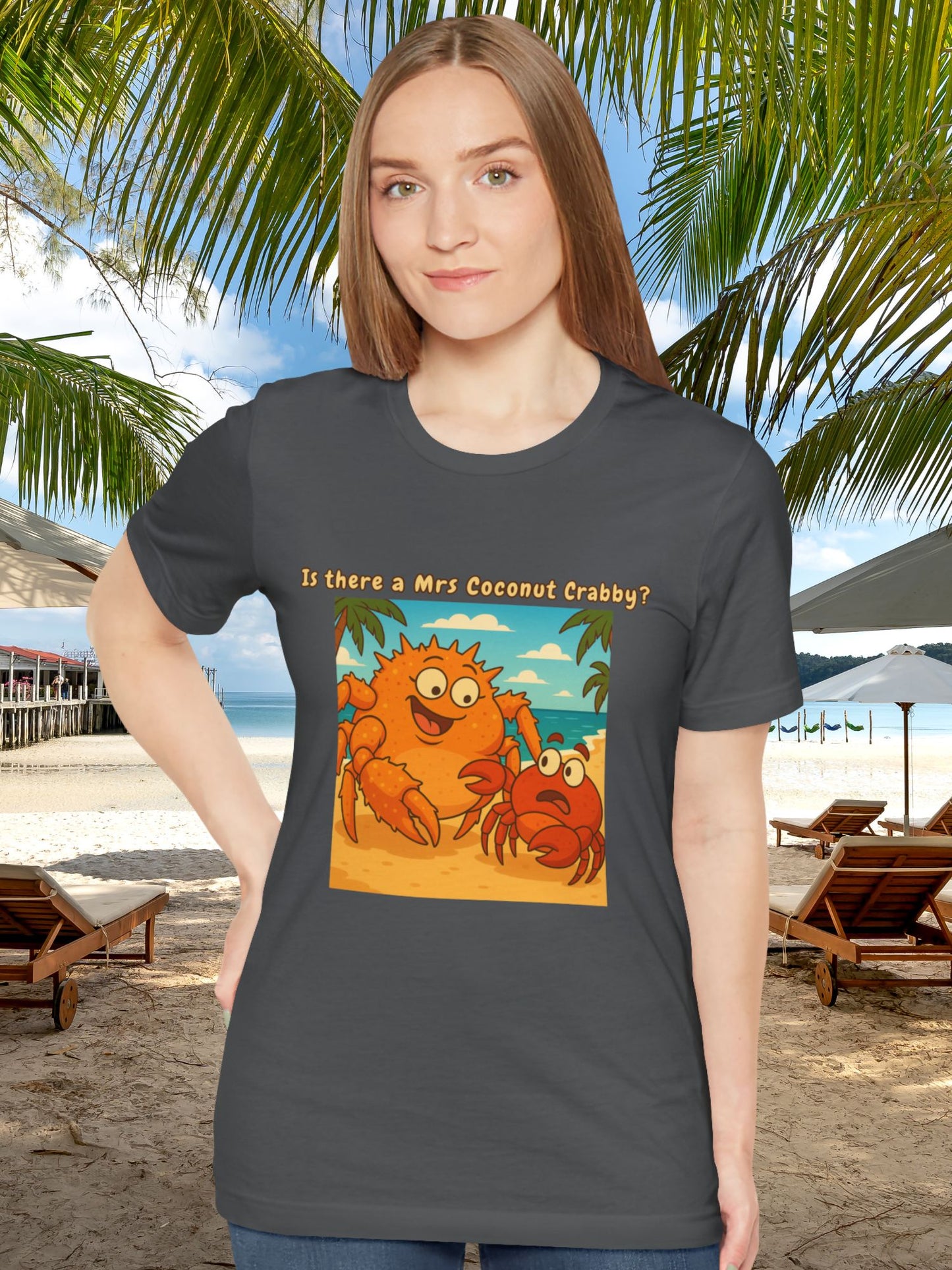 'Is There a Mrs Coconut Crabby?' Funny Crab Graphic Unisex T-Shirt, Beach Lover Gift, Tropical Vacation Shirt, Cute Cartoon T-Shirt, Summer Apparel