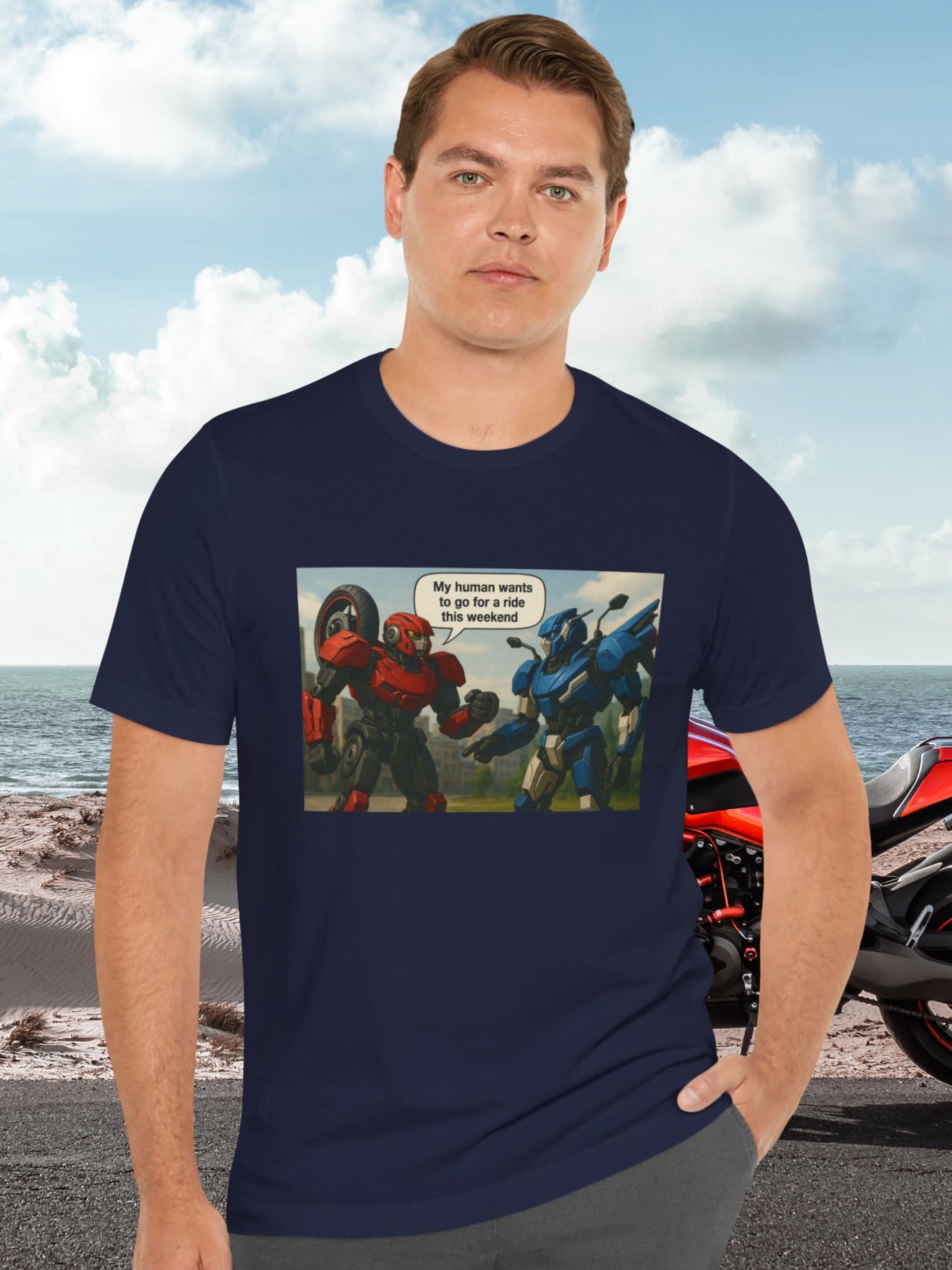 'My Human Wants to Go for a Ride This Weekend' Transforming Mech Motorcycles Talking Graphic T-Shirt, Motorcycle Rider Apparel, Funny Robot Motorcycle Mech Tee