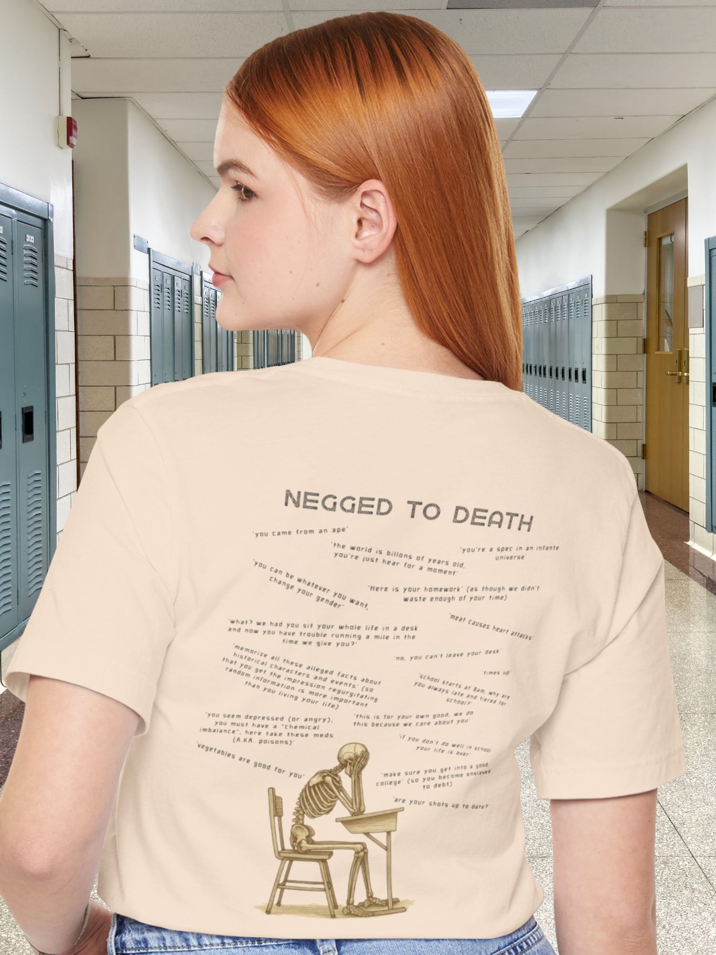 'Negged to Death' Skeleton Student Graphic Unisex T-Shirt, Anti-School Apparel