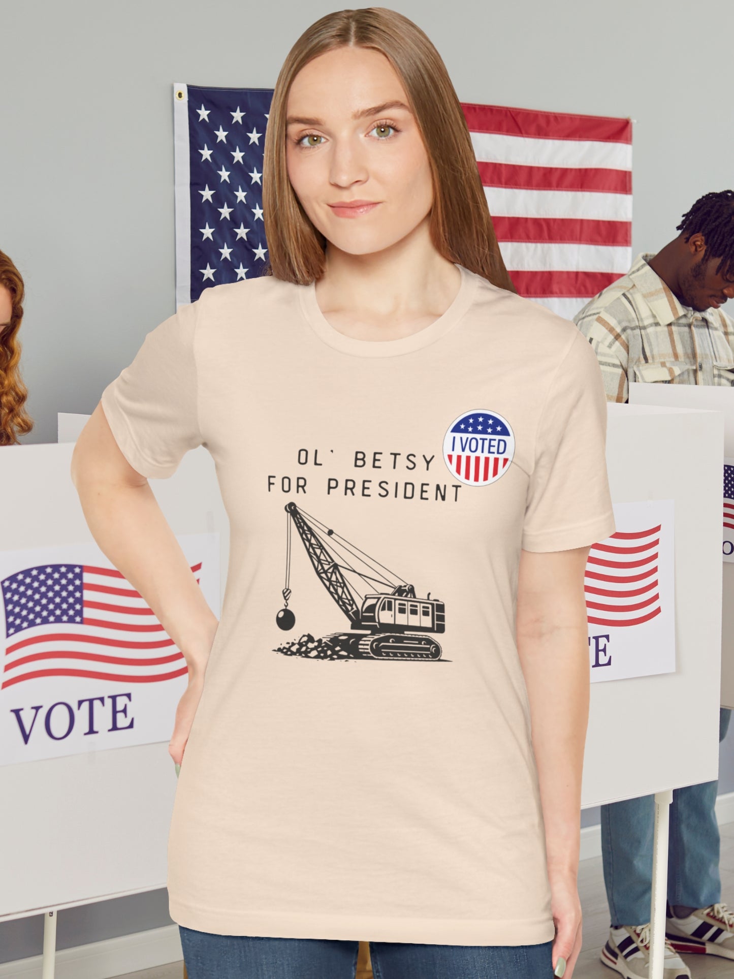 'I Voted, Ol' Betsy for President' Wrecking Ball Machine and Voting Sticker Graphic Unisex T-Shirt, Government Reform, Political