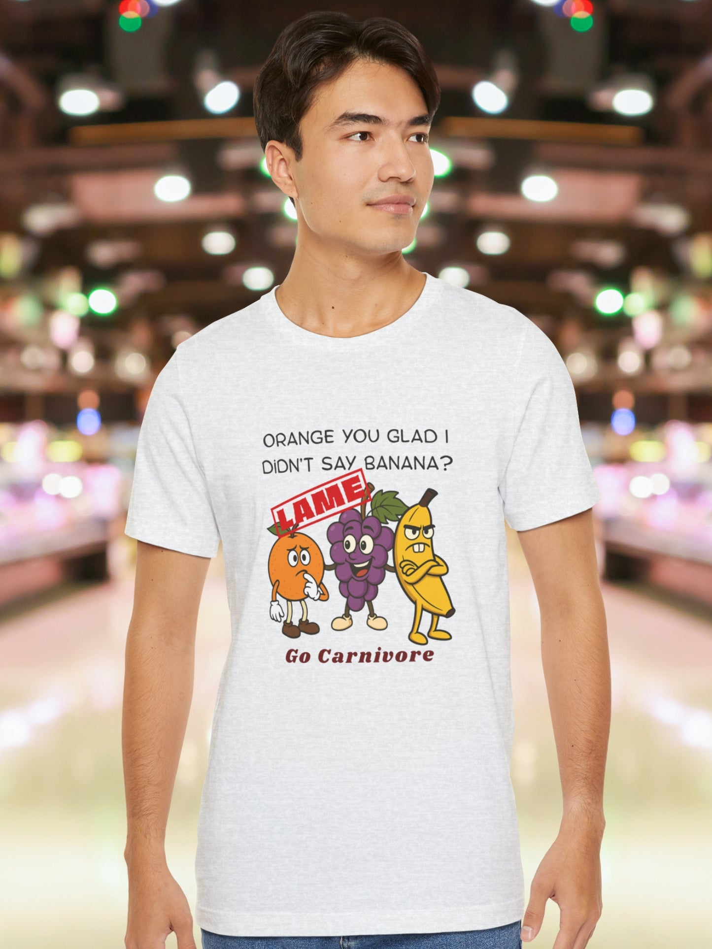 'Orange you glad I didn't say banana? Go Carnivore' Fruit Graphic Unisex T-Shirt, Health and Wellness, Carnivore Apparel, Humorous, Knock knock Joke, Silly