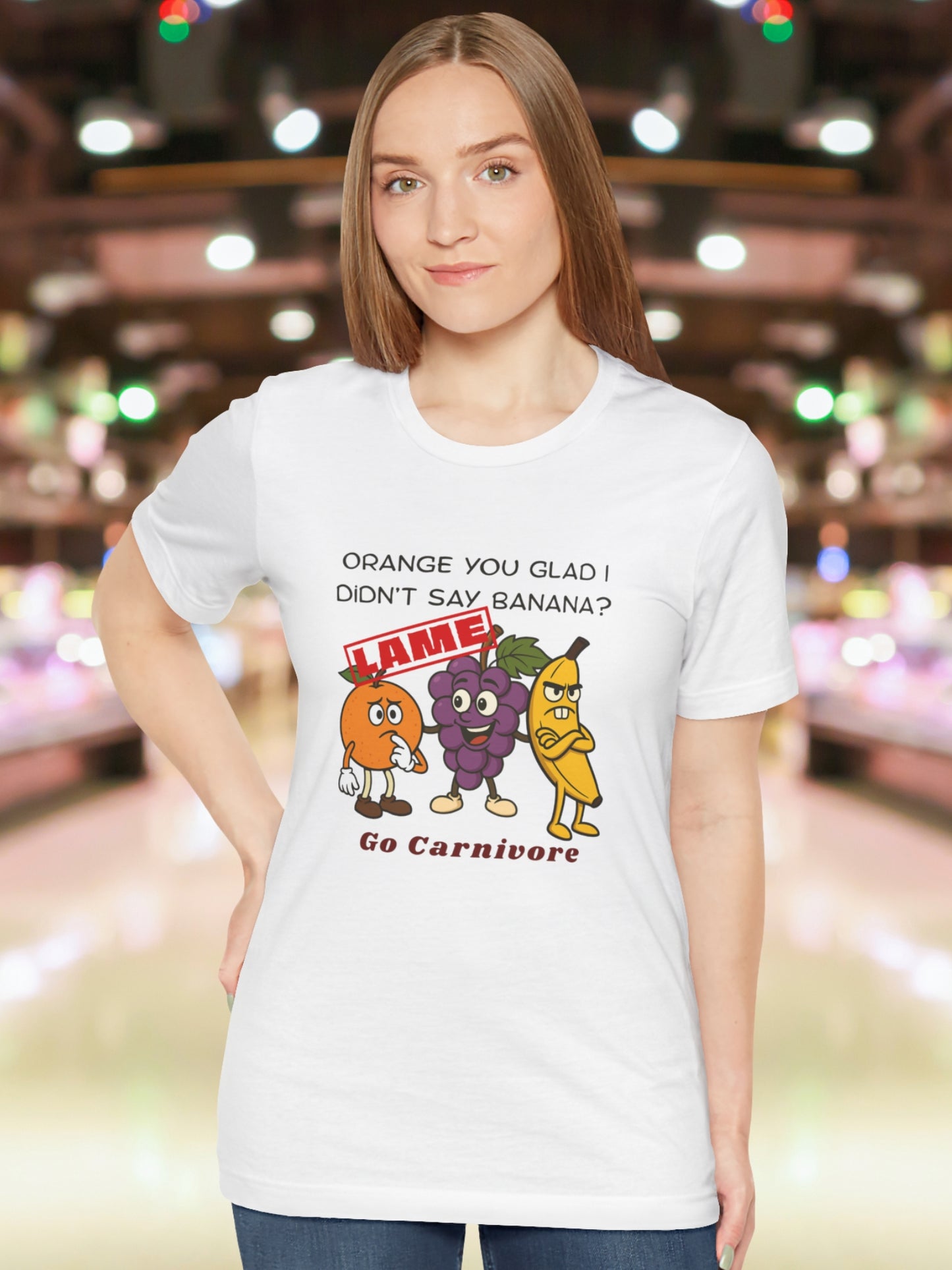 'Orange you glad I didn't say banana? Go Carnivore' Fruit Graphic Unisex T-Shirt, Health and Wellness, Carnivore Apparel, Humorous, Knock knock Joke, Silly
