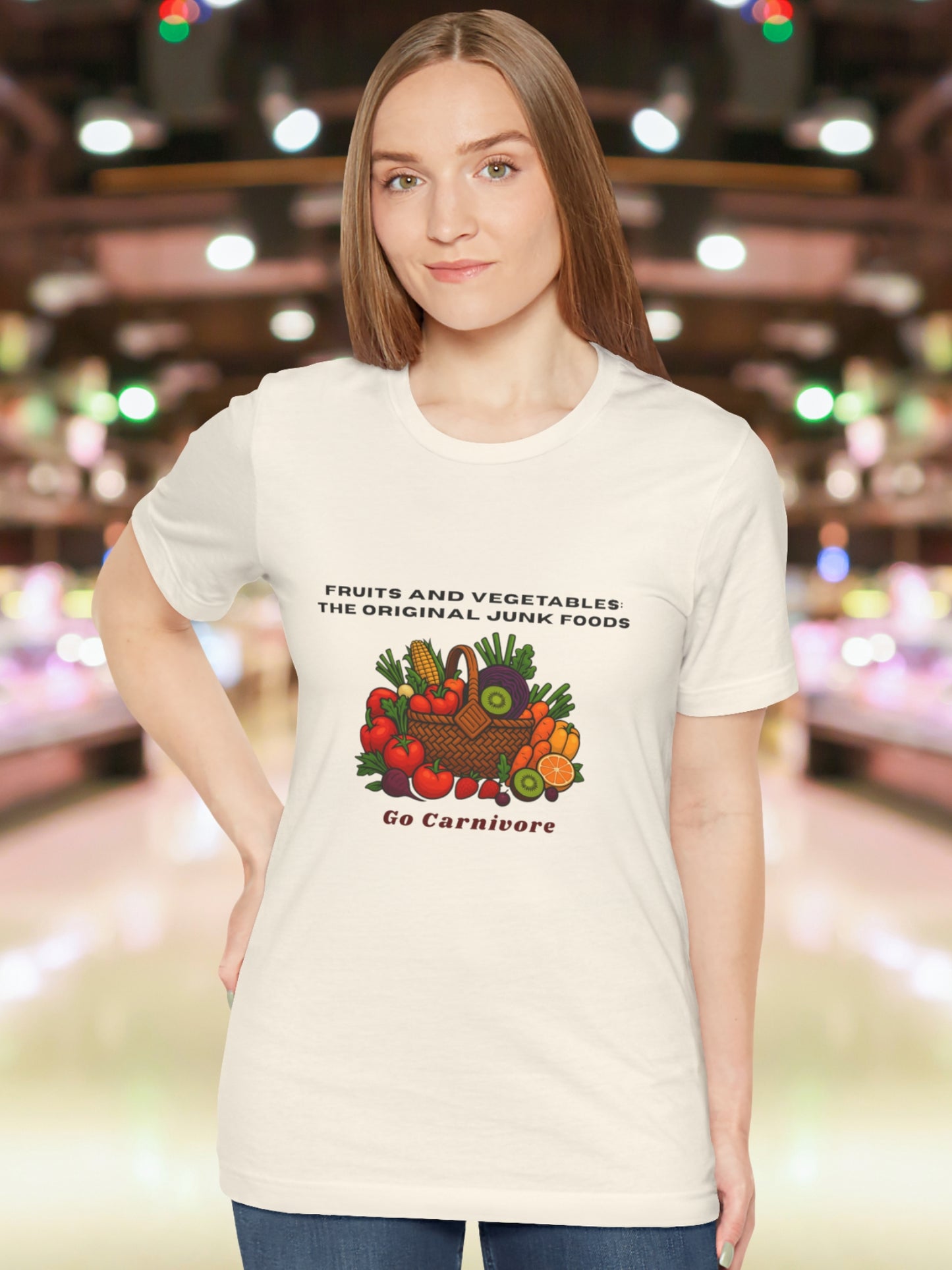 'Fruits and vegetables: The original junk foods, Go Carnivore' Fruit and Vegetable Basket Graphic Unisex T-Shirt, Carnivore Diet Apparel, Health and Wellness