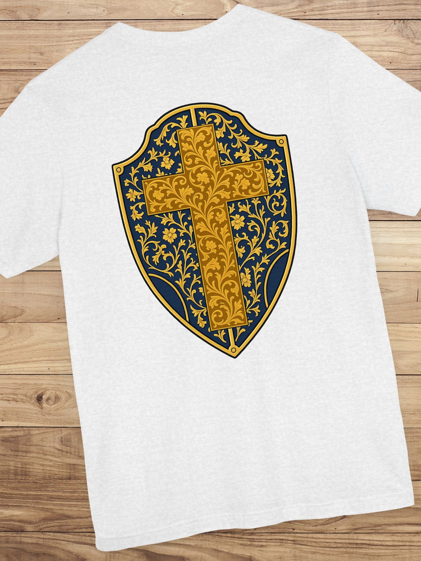 Ornate Gold Cross Front, Ornate Cross Shield Back Unisex T-Shirt, Christian Apparel