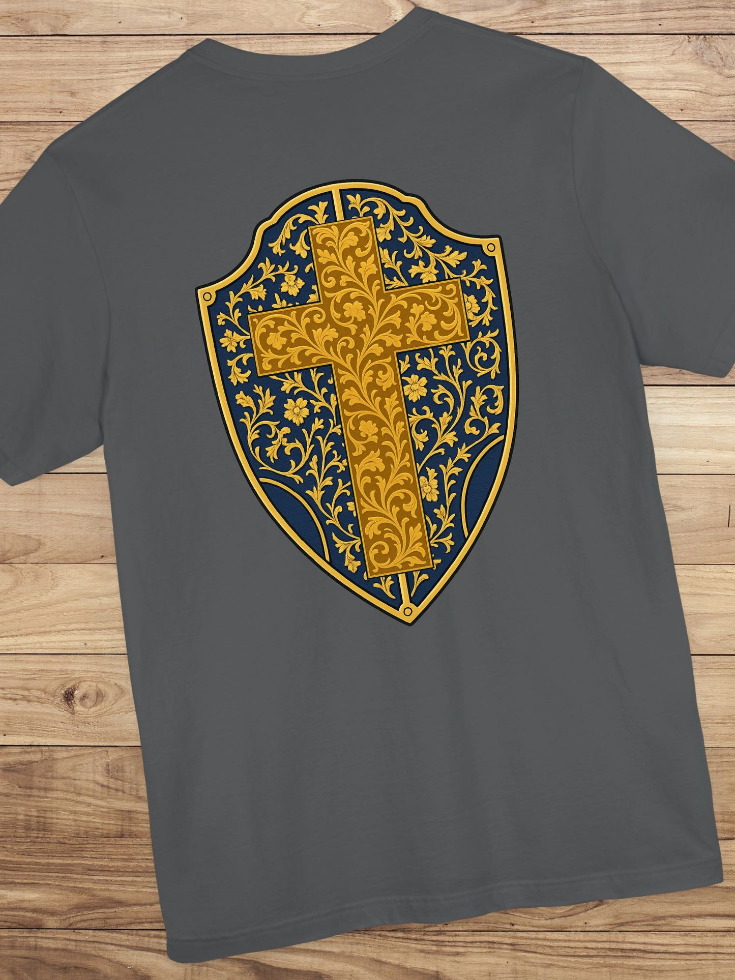 Ornate Gold Cross Front, Ornate Cross Shield Back Unisex T-Shirt, Christian Apparel