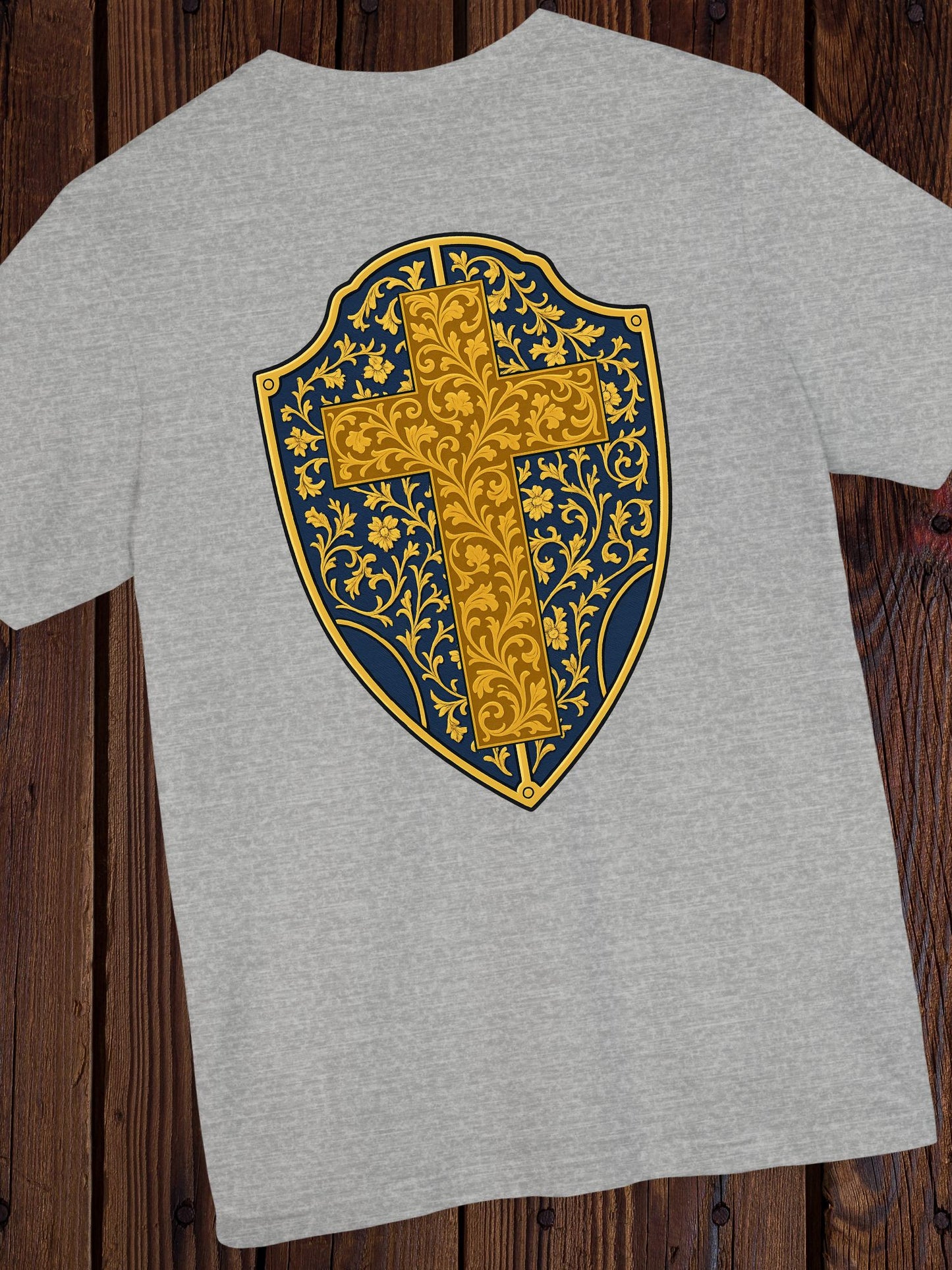Ornate Gold Cross Front, Ornate Cross Shield Back Unisex T-Shirt, Christian Apparel