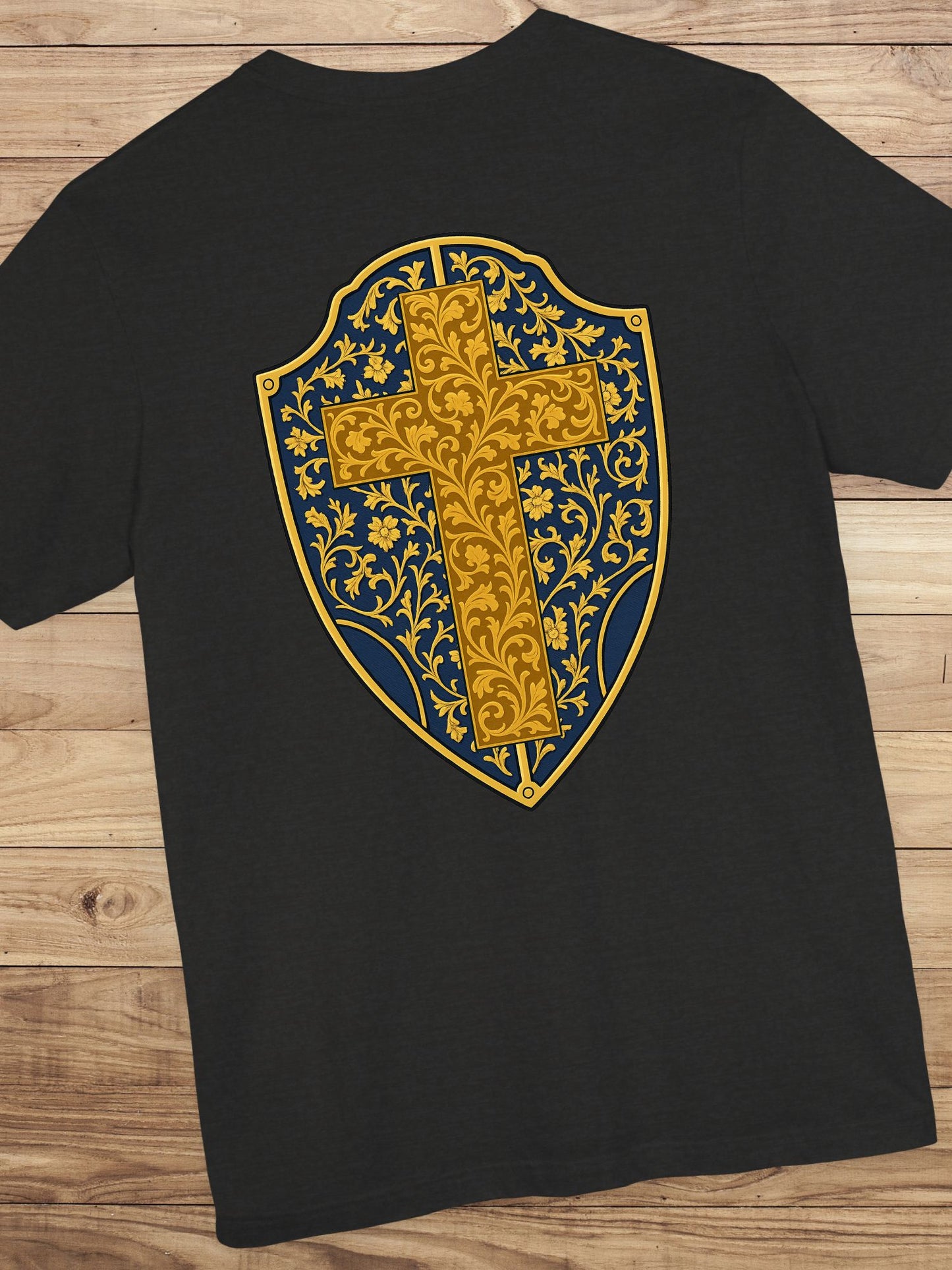 Ornate Gold Cross Front, Ornate Cross Shield Back Unisex T-Shirt, Christian Apparel