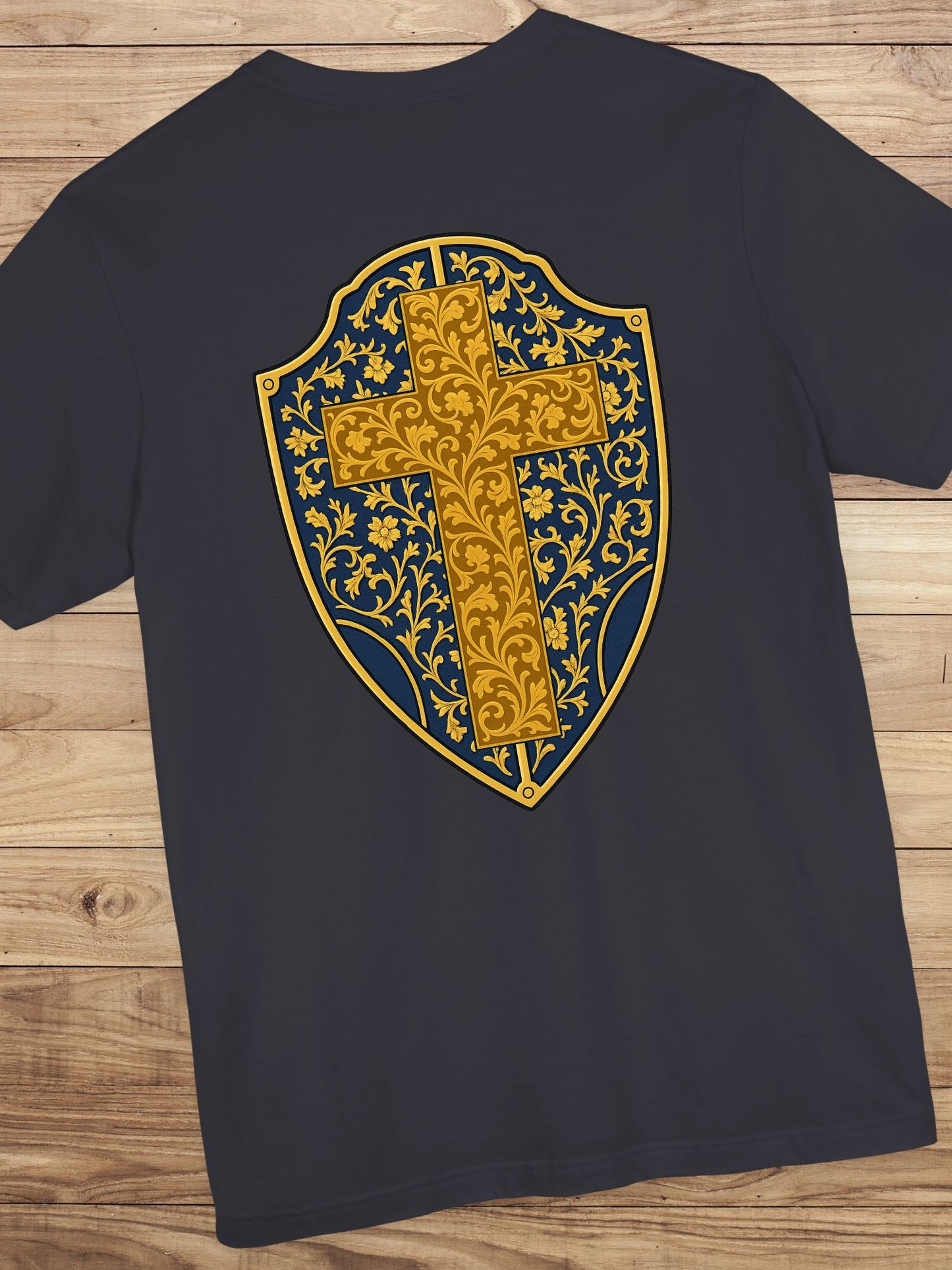 Ornate Gold Cross Front, Ornate Cross Shield Back Unisex T-Shirt, Christian Apparel