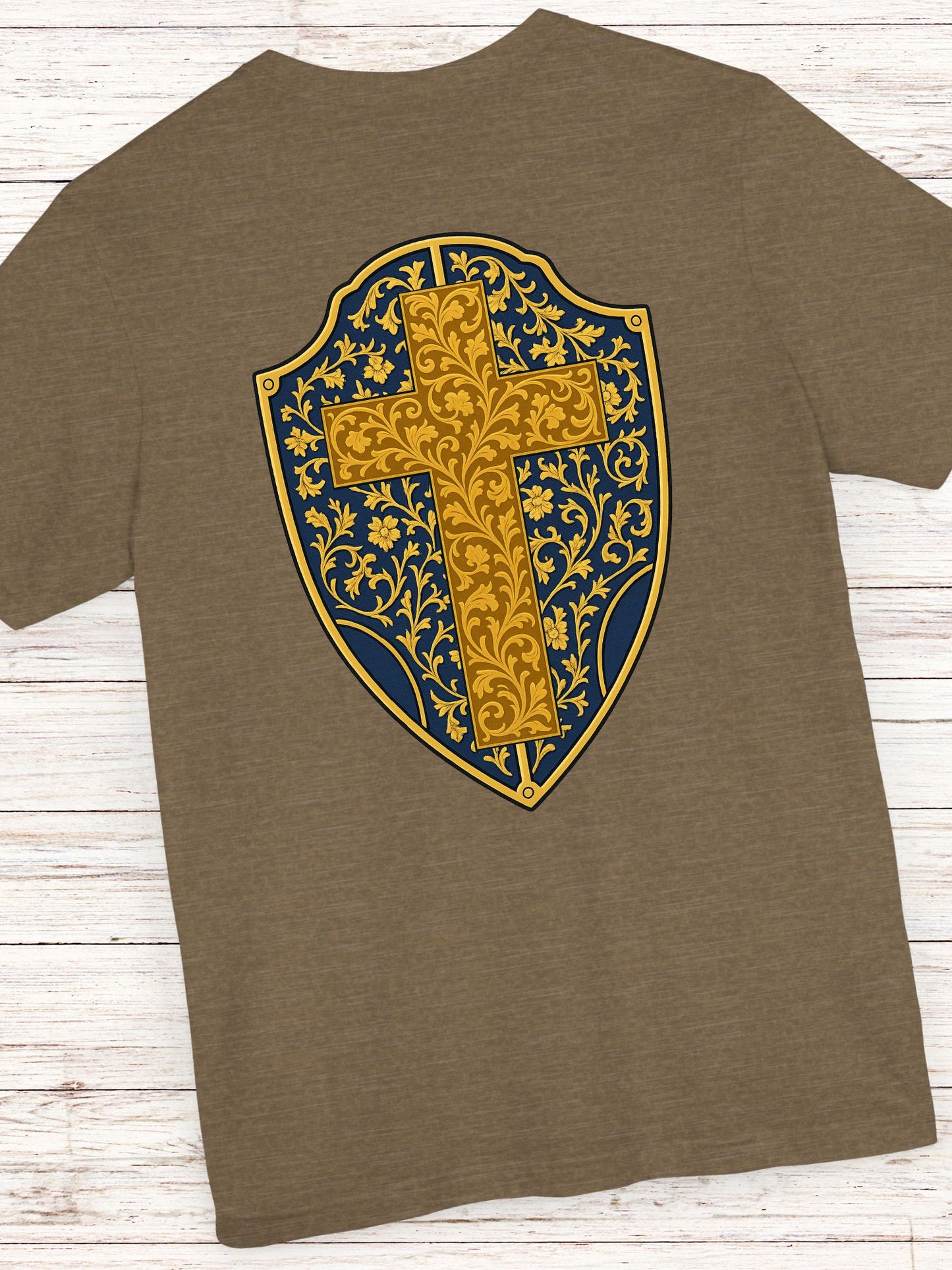 Ornate Gold Cross Front, Ornate Cross Shield Back Unisex T-Shirt, Christian Apparel
