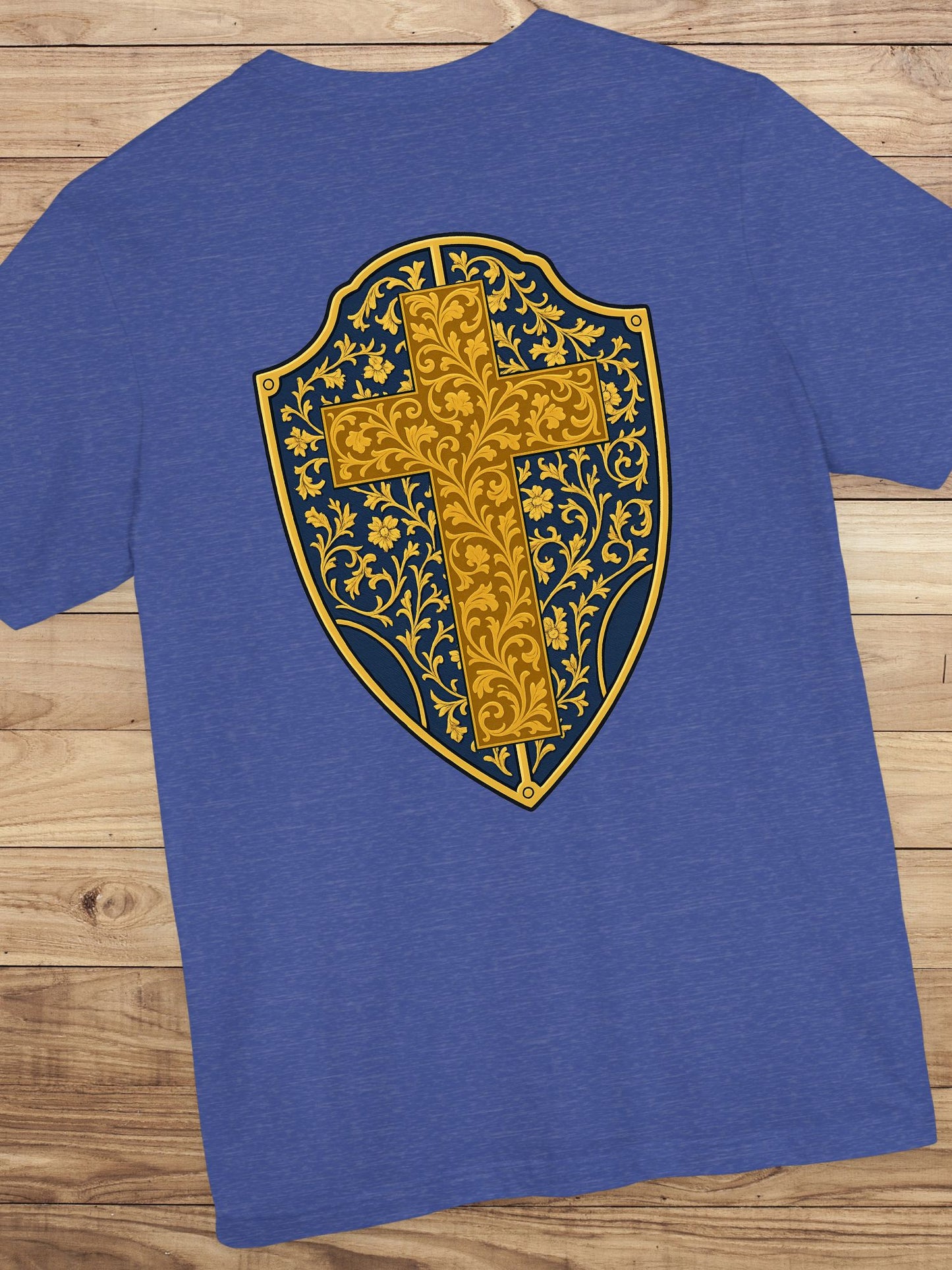 Ornate Gold Cross Front, Ornate Cross Shield Back Unisex T-Shirt, Christian Apparel