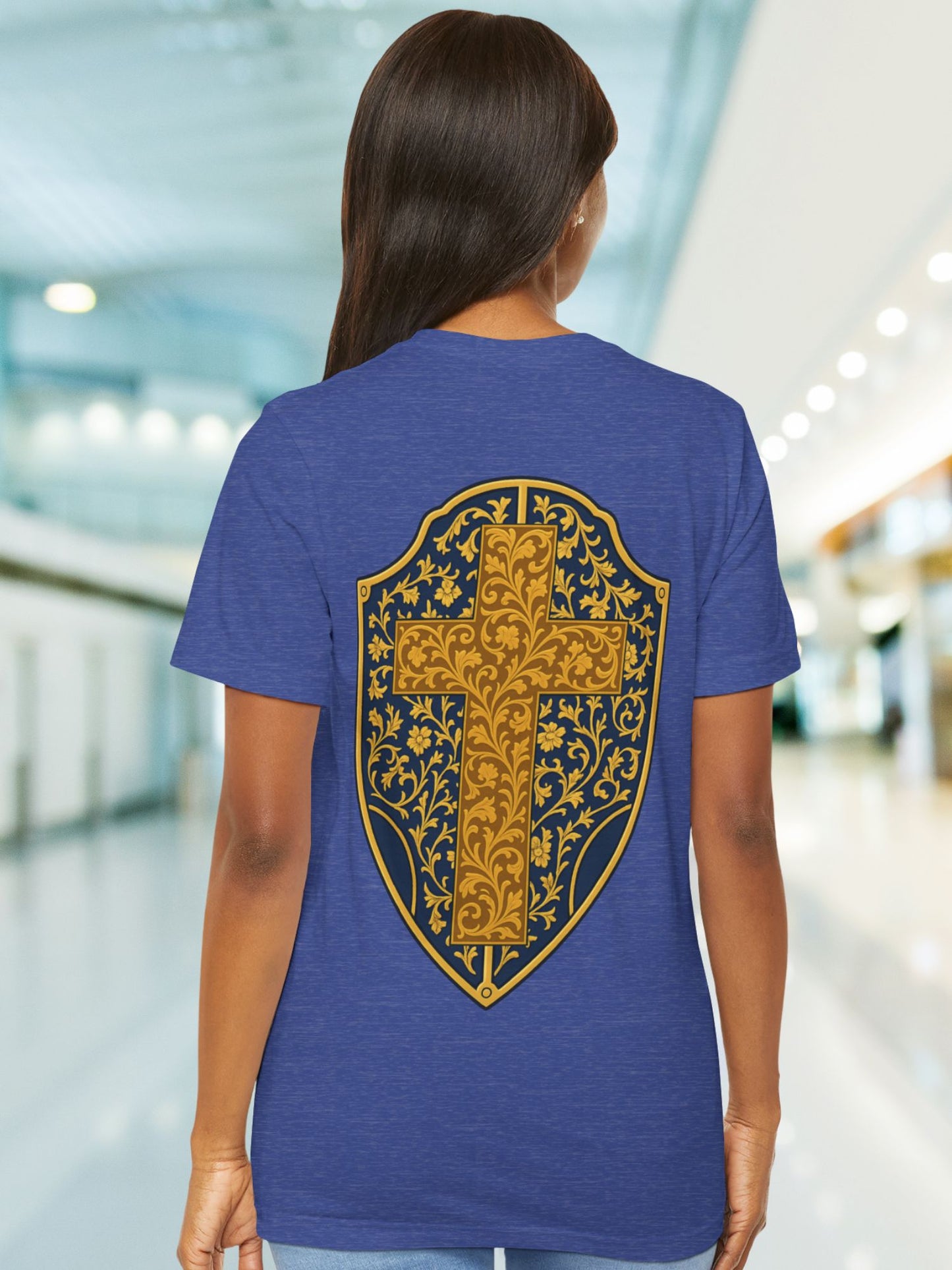 Ornate Gold Cross Front, Ornate Cross Shield Back Unisex T-Shirt, Christian Apparel