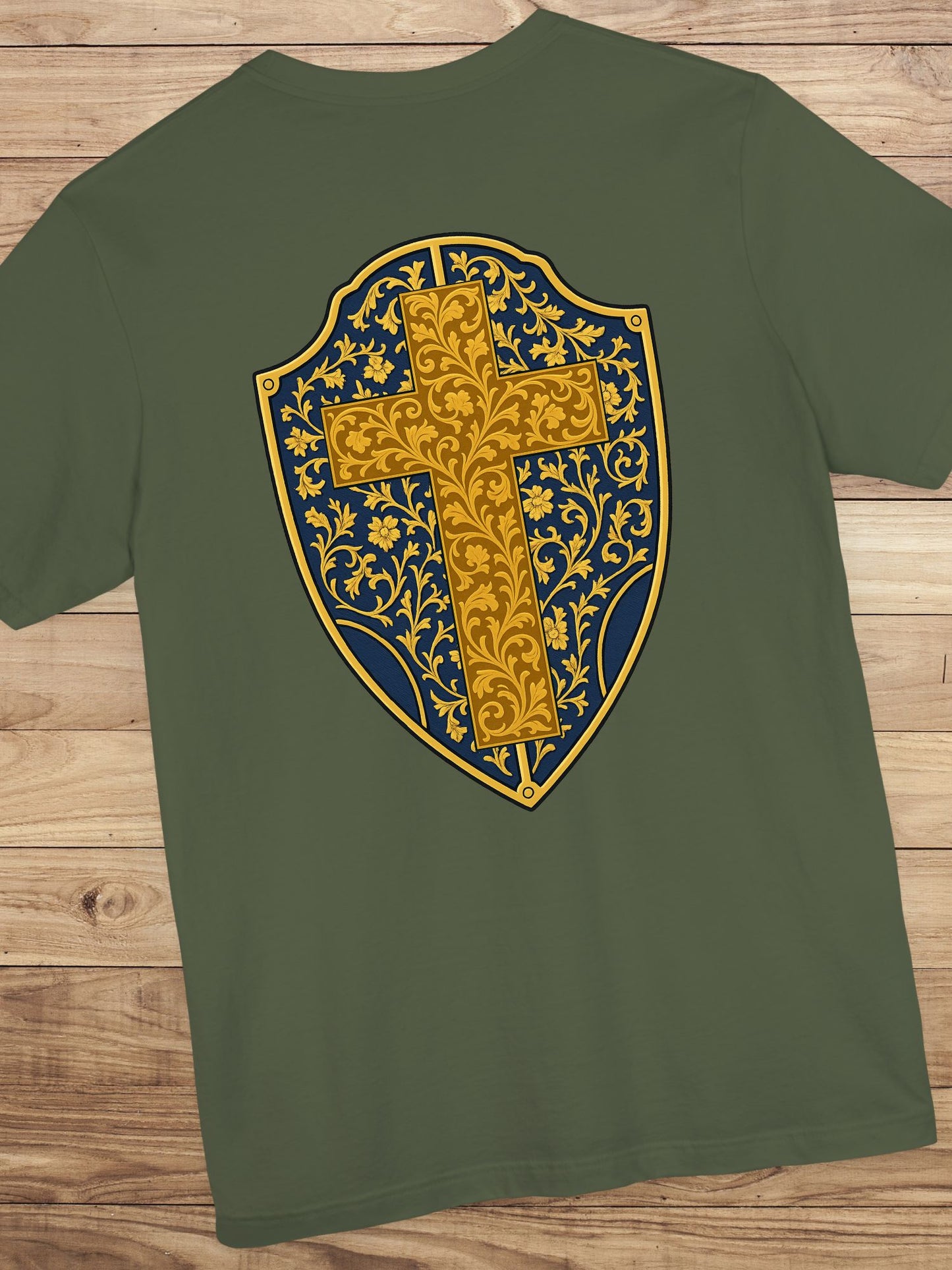 Ornate Gold Cross Front, Ornate Cross Shield Back Unisex T-Shirt, Christian Apparel