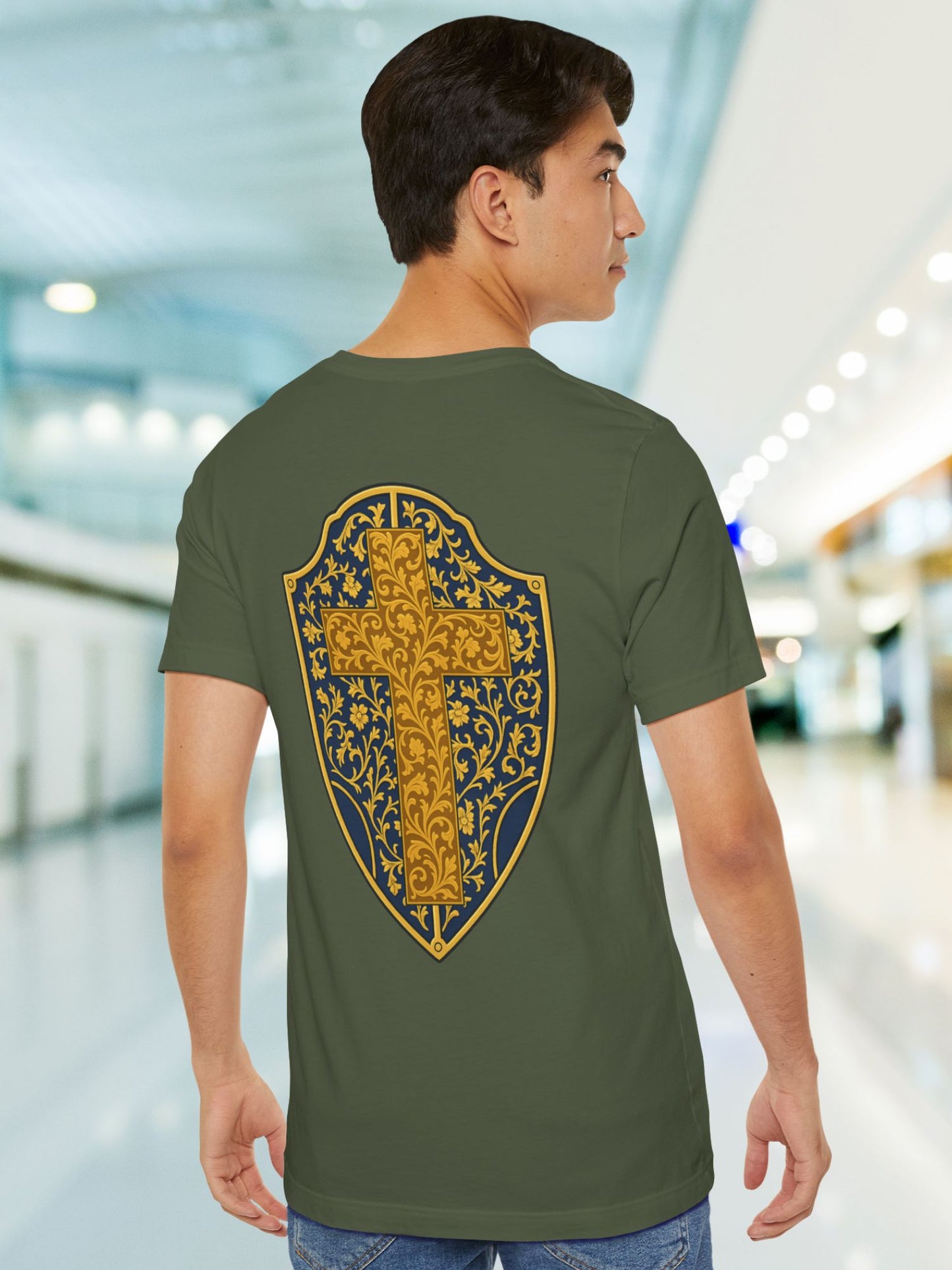 Ornate Gold Cross Front, Ornate Cross Shield Back Unisex T-Shirt, Christian Apparel