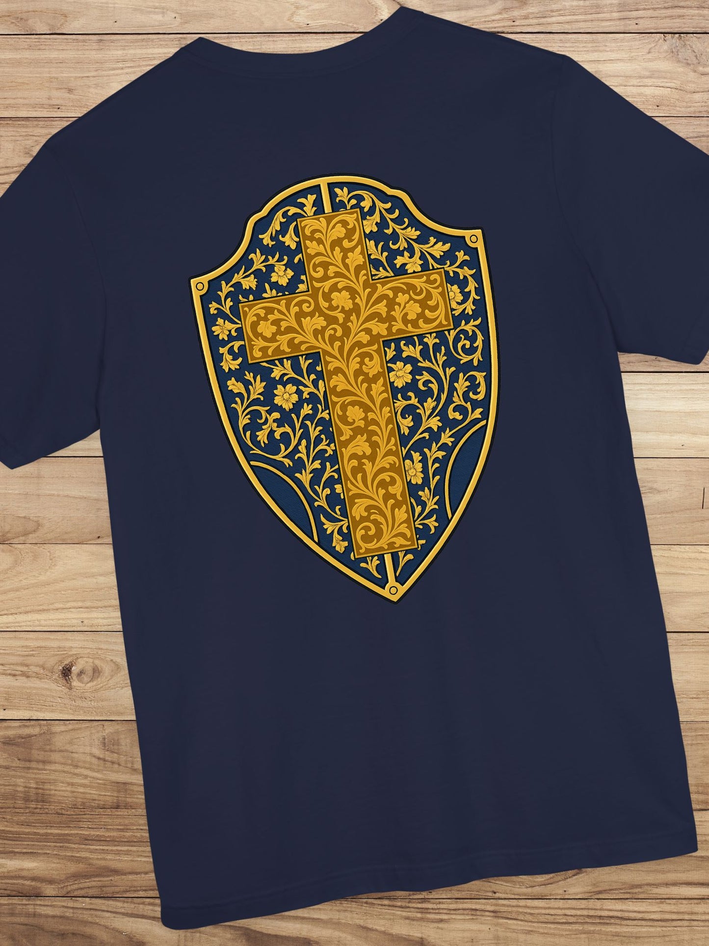 Ornate Gold Cross Front, Ornate Cross Shield Back Unisex T-Shirt, Christian Apparel