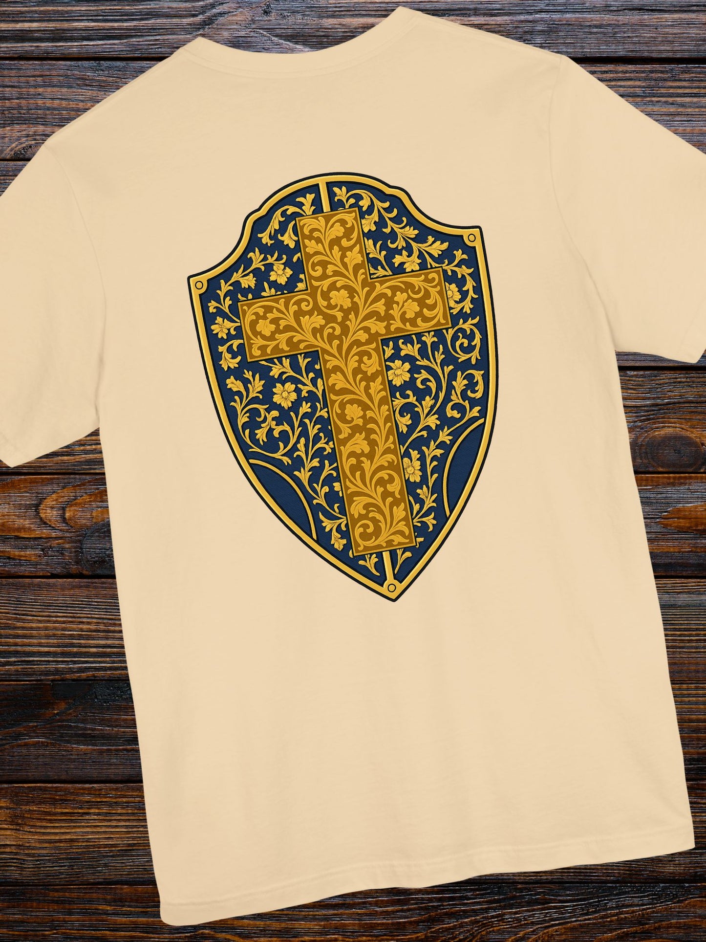 Ornate Gold Cross Front, Ornate Cross Shield Back Unisex T-Shirt, Christian Apparel