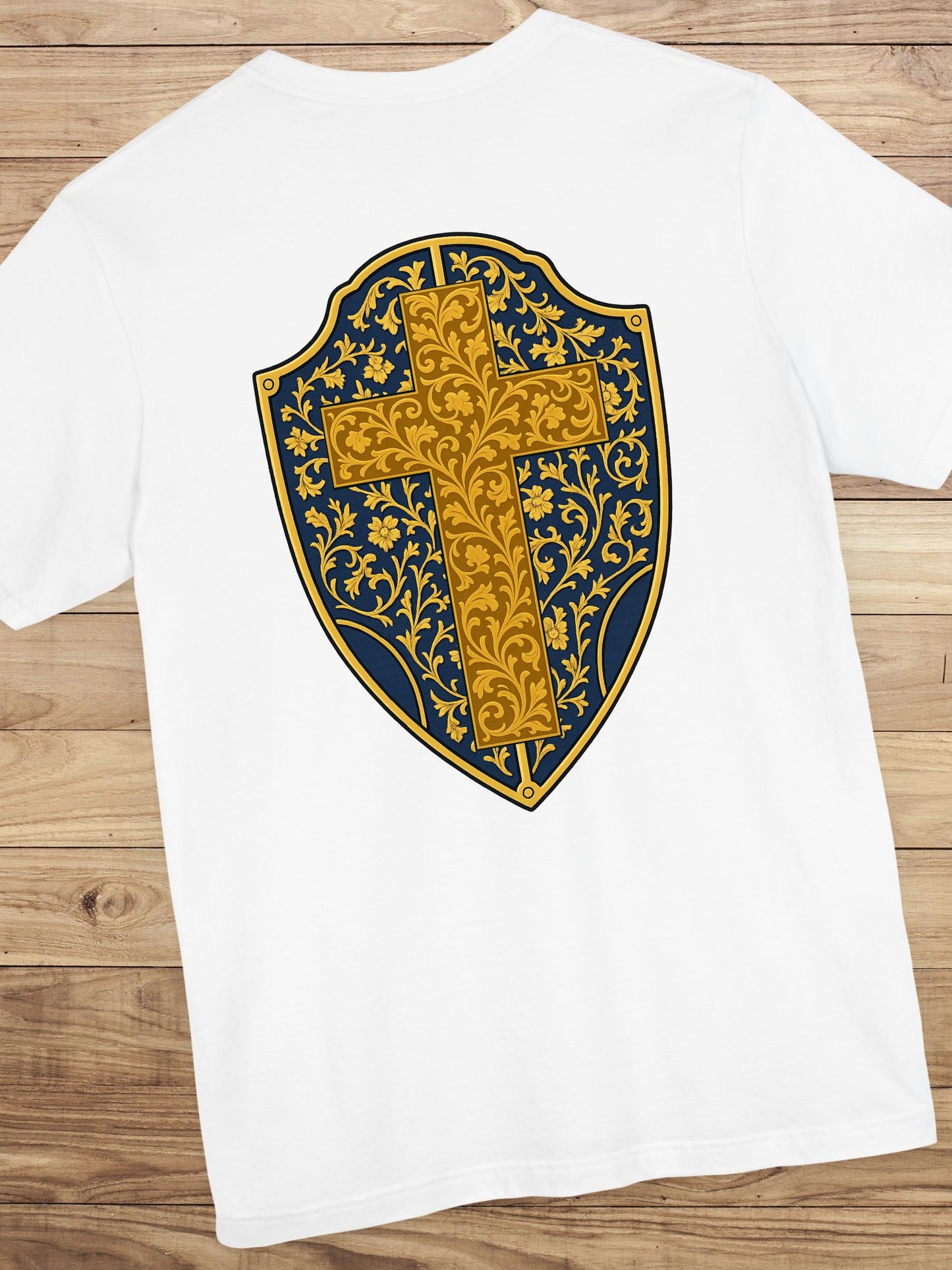 Ornate Gold Cross Front, Ornate Cross Shield Back Unisex T-Shirt, Christian Apparel