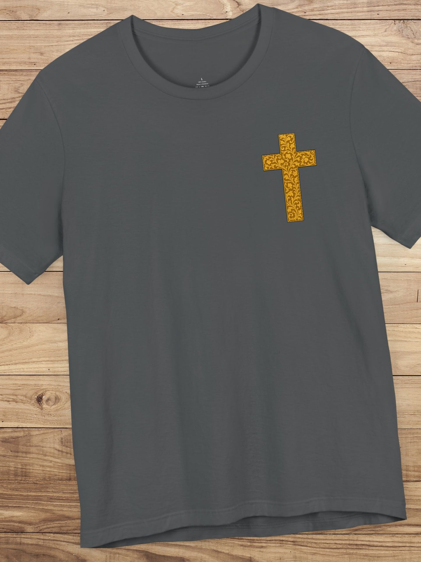 Ornate Gold Cross Front, Ornate Cross Shield Back Unisex T-Shirt, Christian Apparel