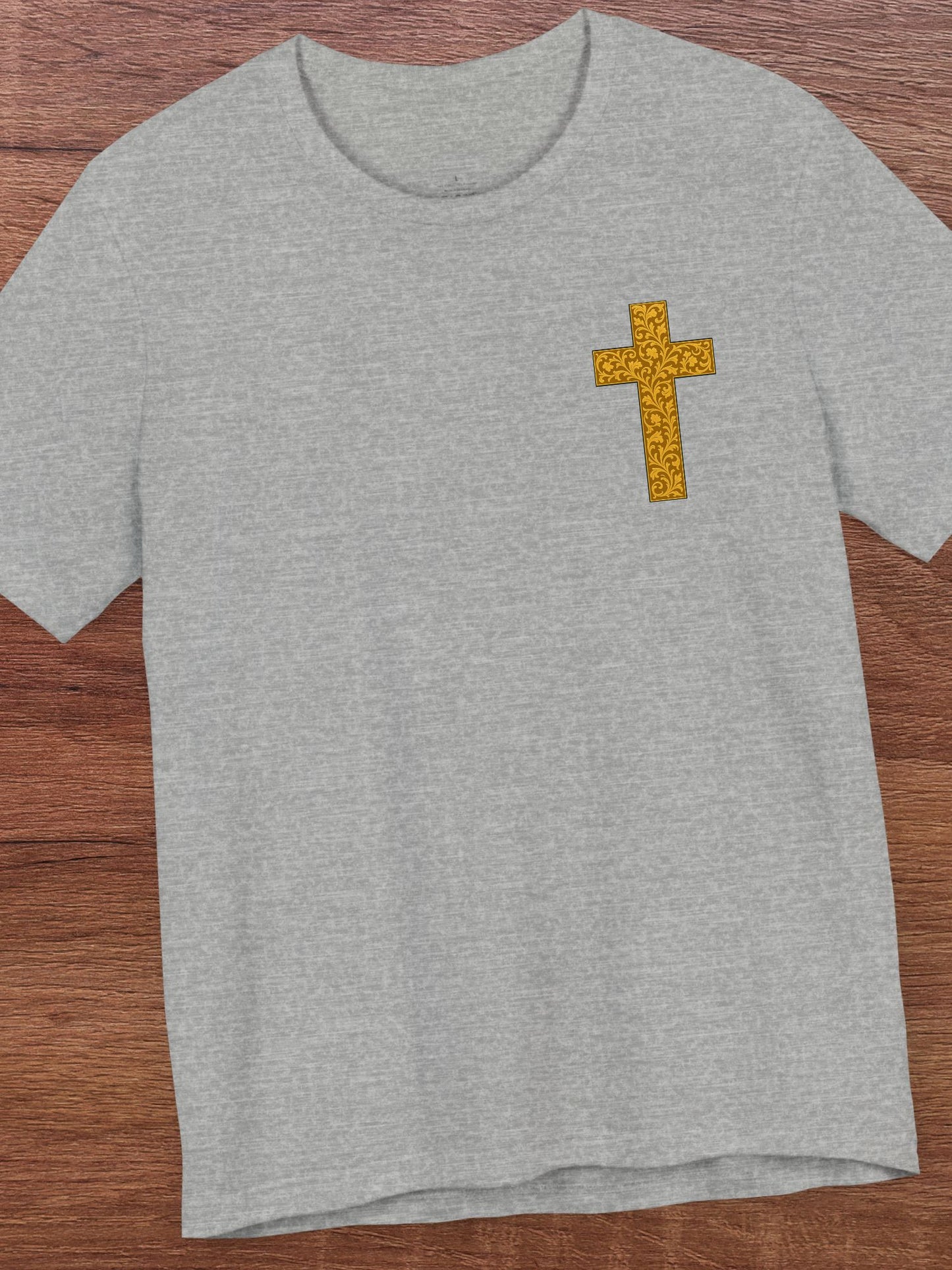 Ornate Gold Cross Front, Ornate Cross Shield Back Unisex T-Shirt, Christian Apparel