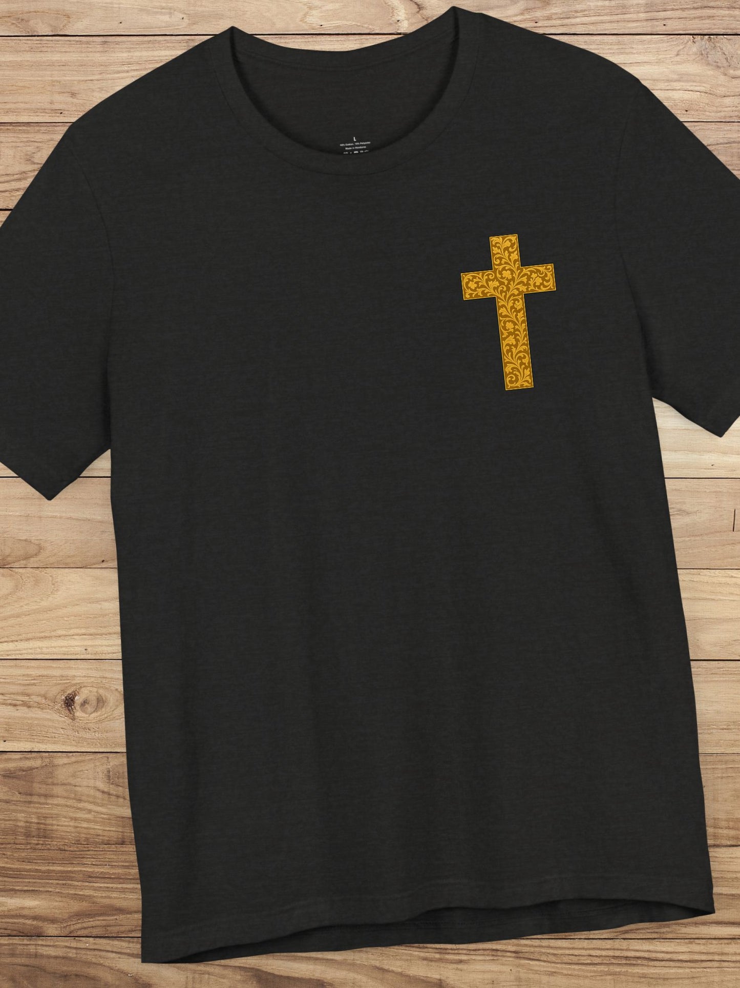 Ornate Gold Cross Front, Ornate Cross Shield Back Unisex T-Shirt, Christian Apparel