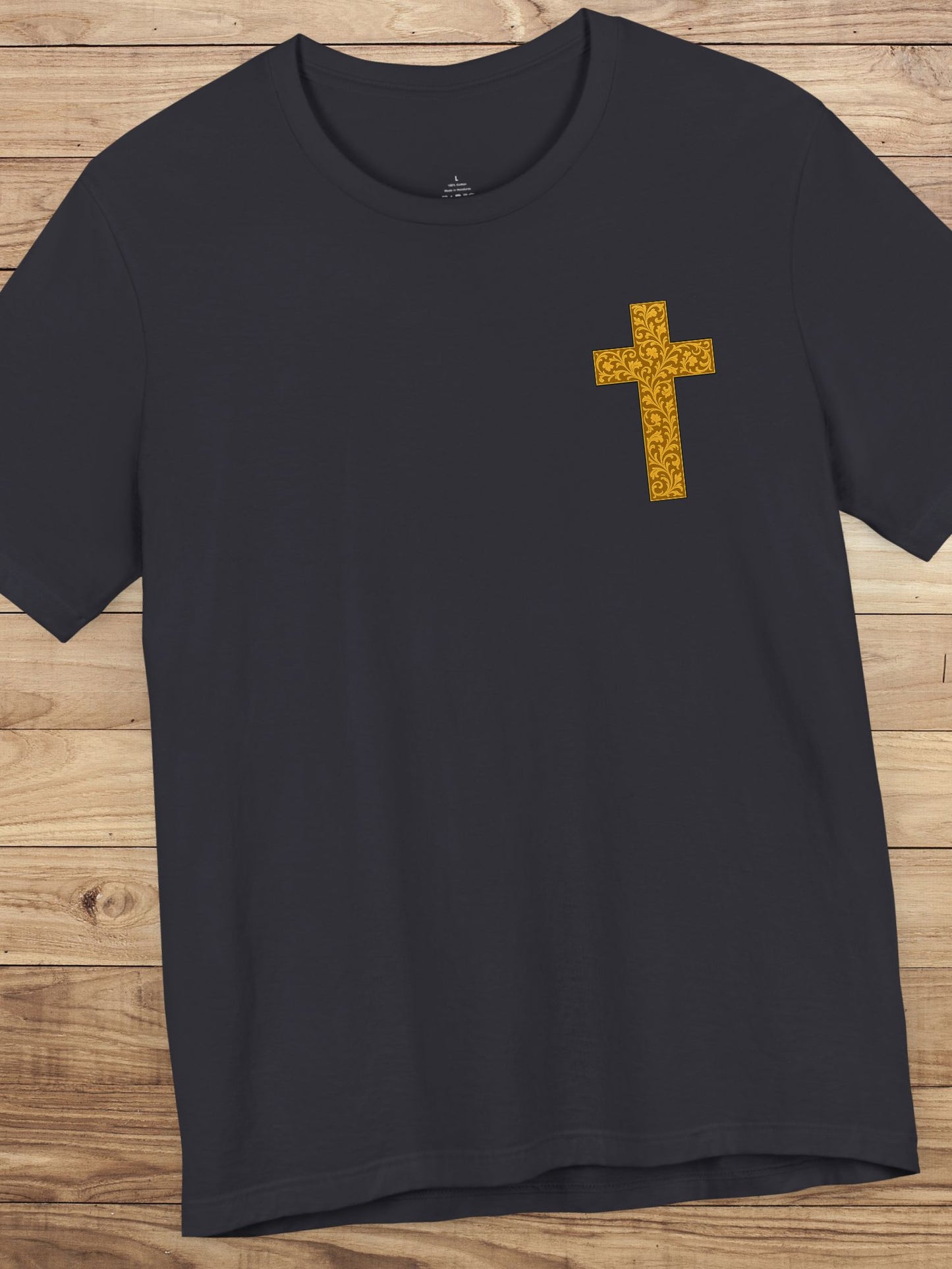 Ornate Gold Cross Front, Ornate Cross Shield Back Unisex T-Shirt, Christian Apparel
