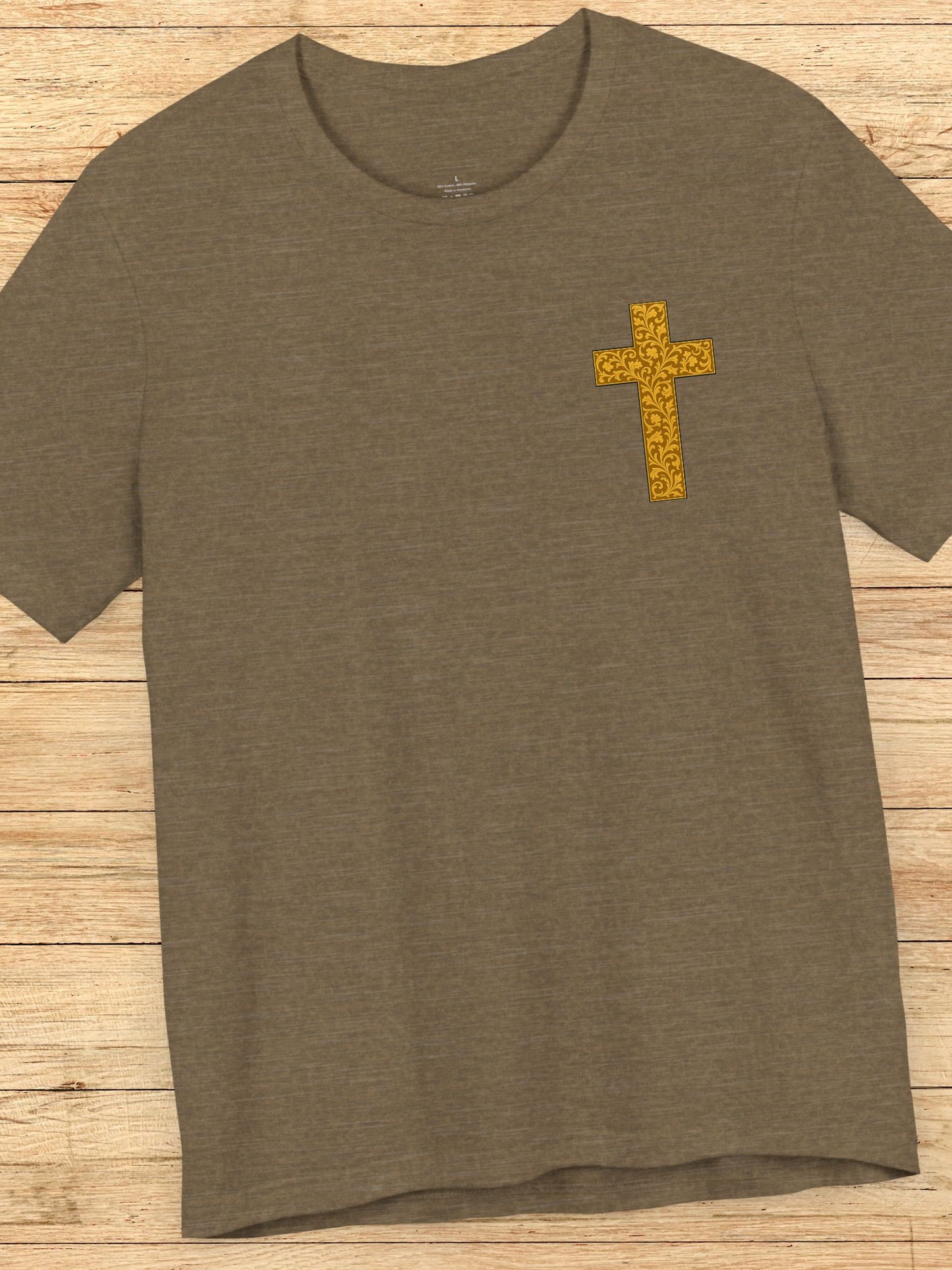 Ornate Gold Cross Front, Ornate Cross Shield Back Unisex T-Shirt, Christian Apparel