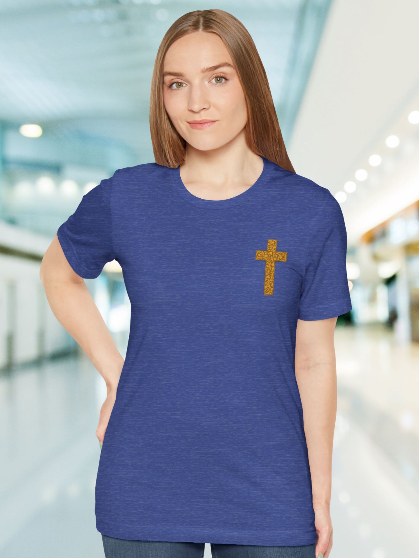 Ornate Gold Cross Front, Ornate Cross Shield Back Unisex T-Shirt, Christian Apparel