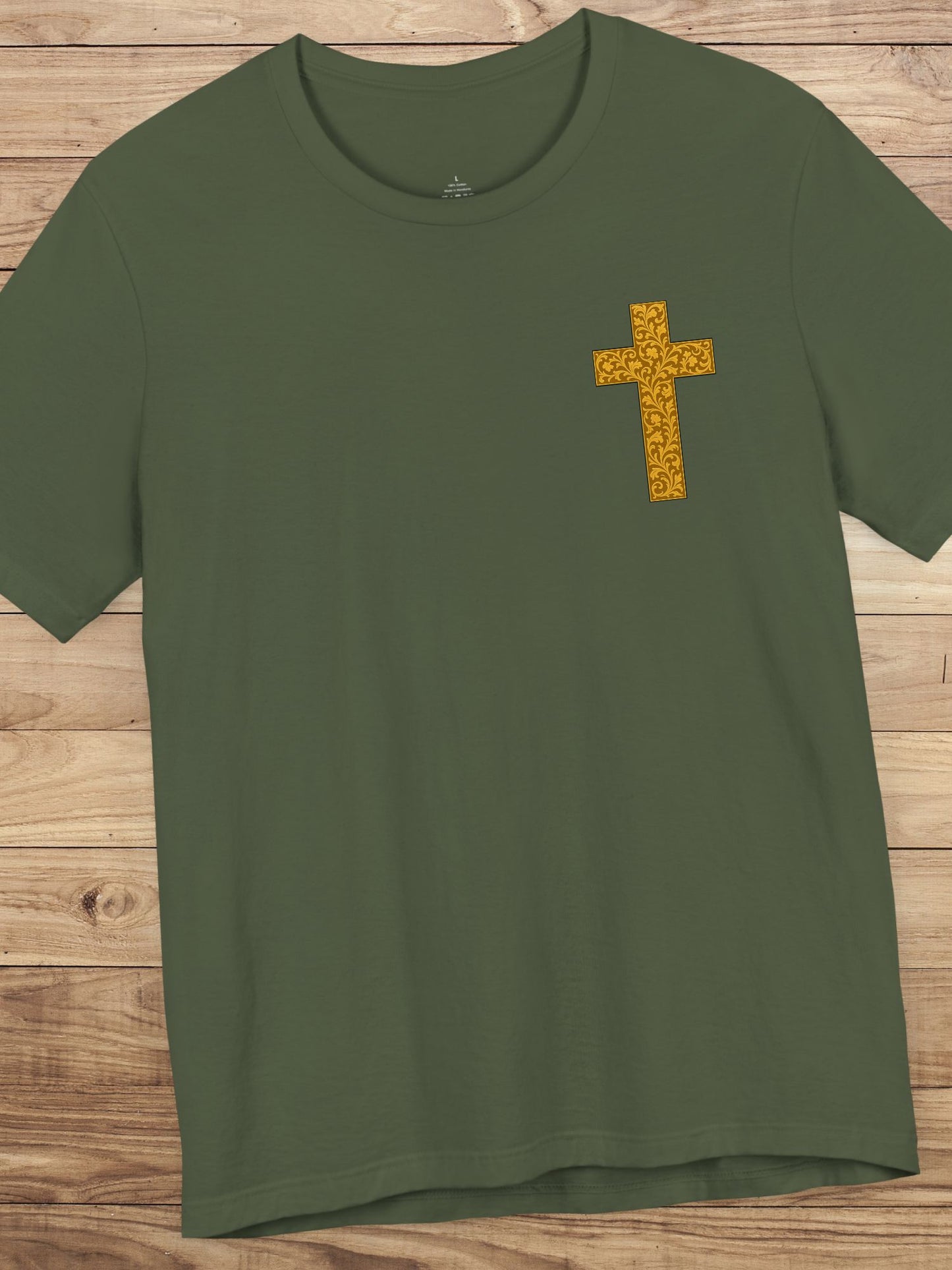 Ornate Gold Cross Front, Ornate Cross Shield Back Unisex T-Shirt, Christian Apparel