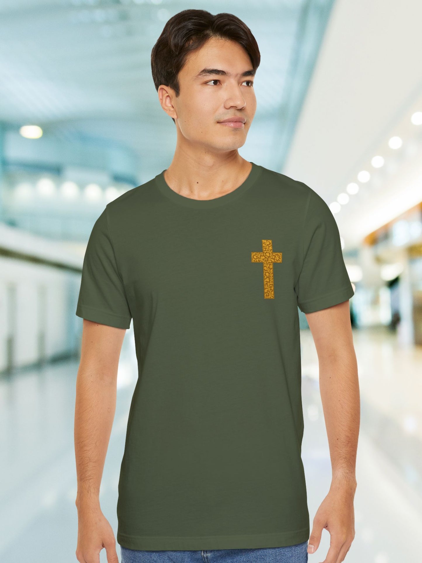 Ornate Gold Cross Front, Ornate Cross Shield Back Unisex T-Shirt, Christian Apparel