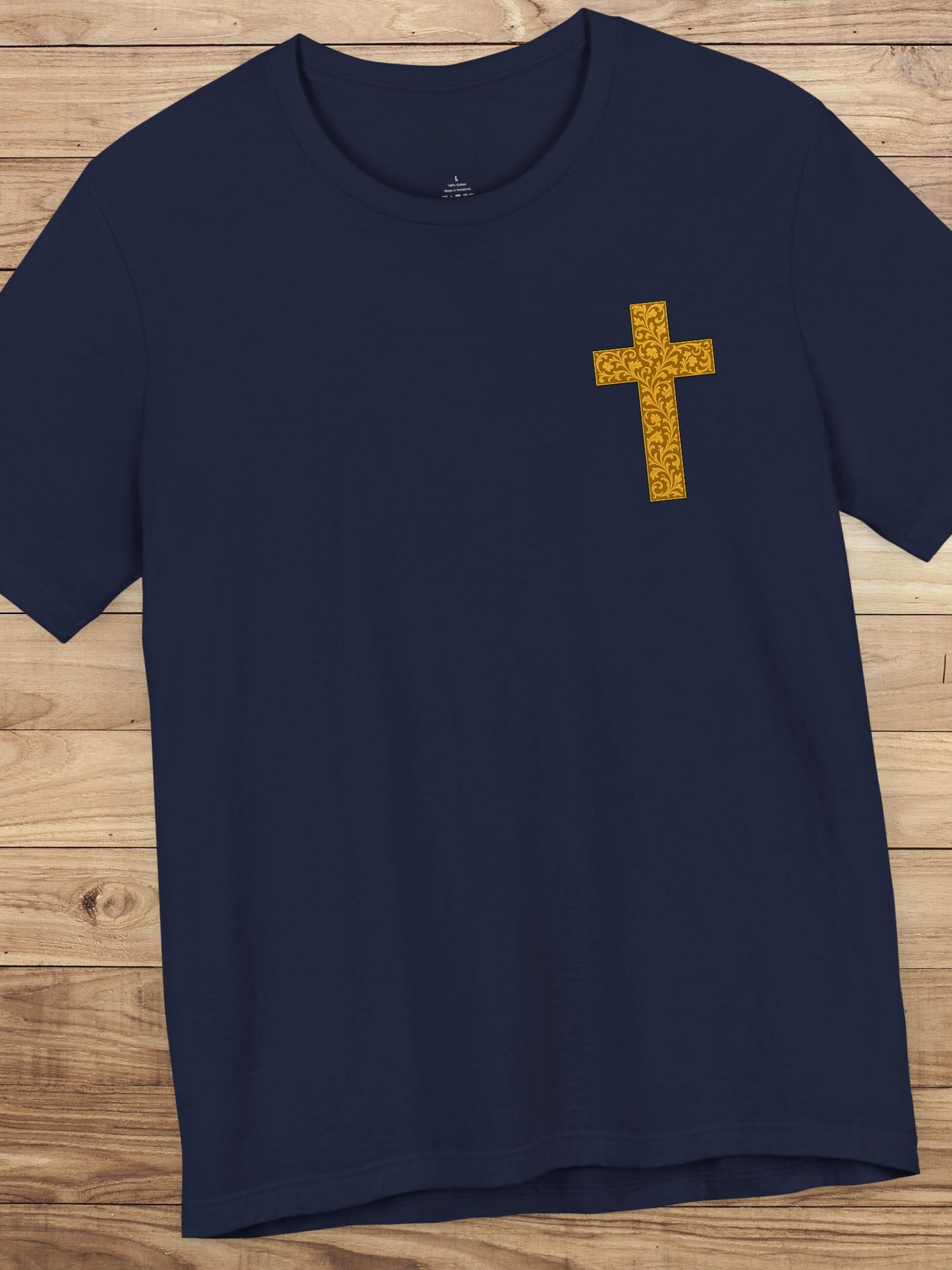 Ornate Gold Cross Front, Ornate Cross Shield Back Unisex T-Shirt, Christian Apparel
