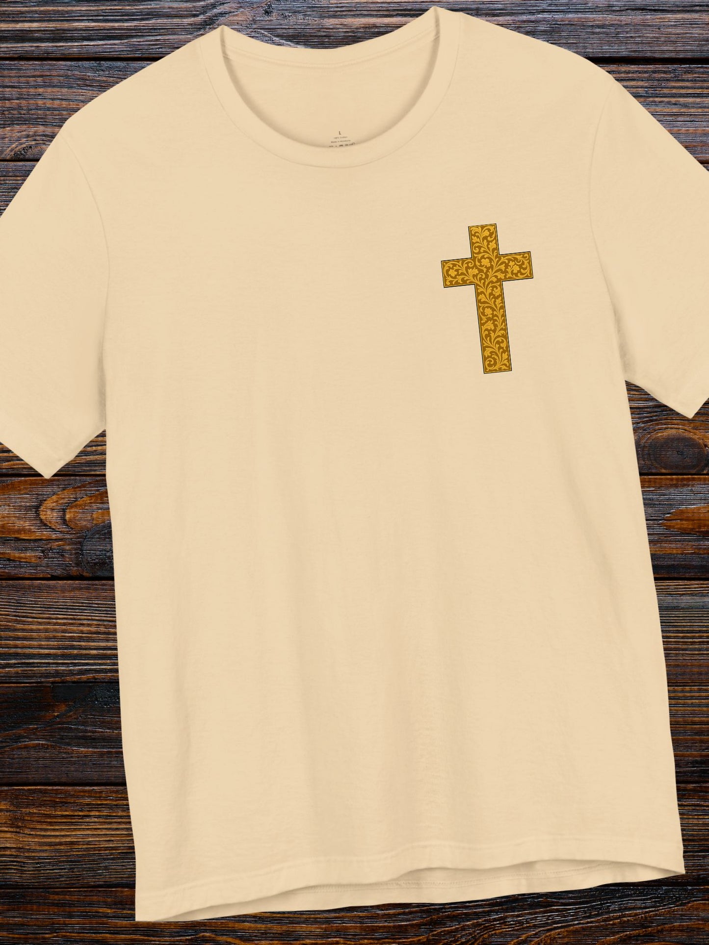 Ornate Gold Cross Front, Ornate Cross Shield Back Unisex T-Shirt, Christian Apparel