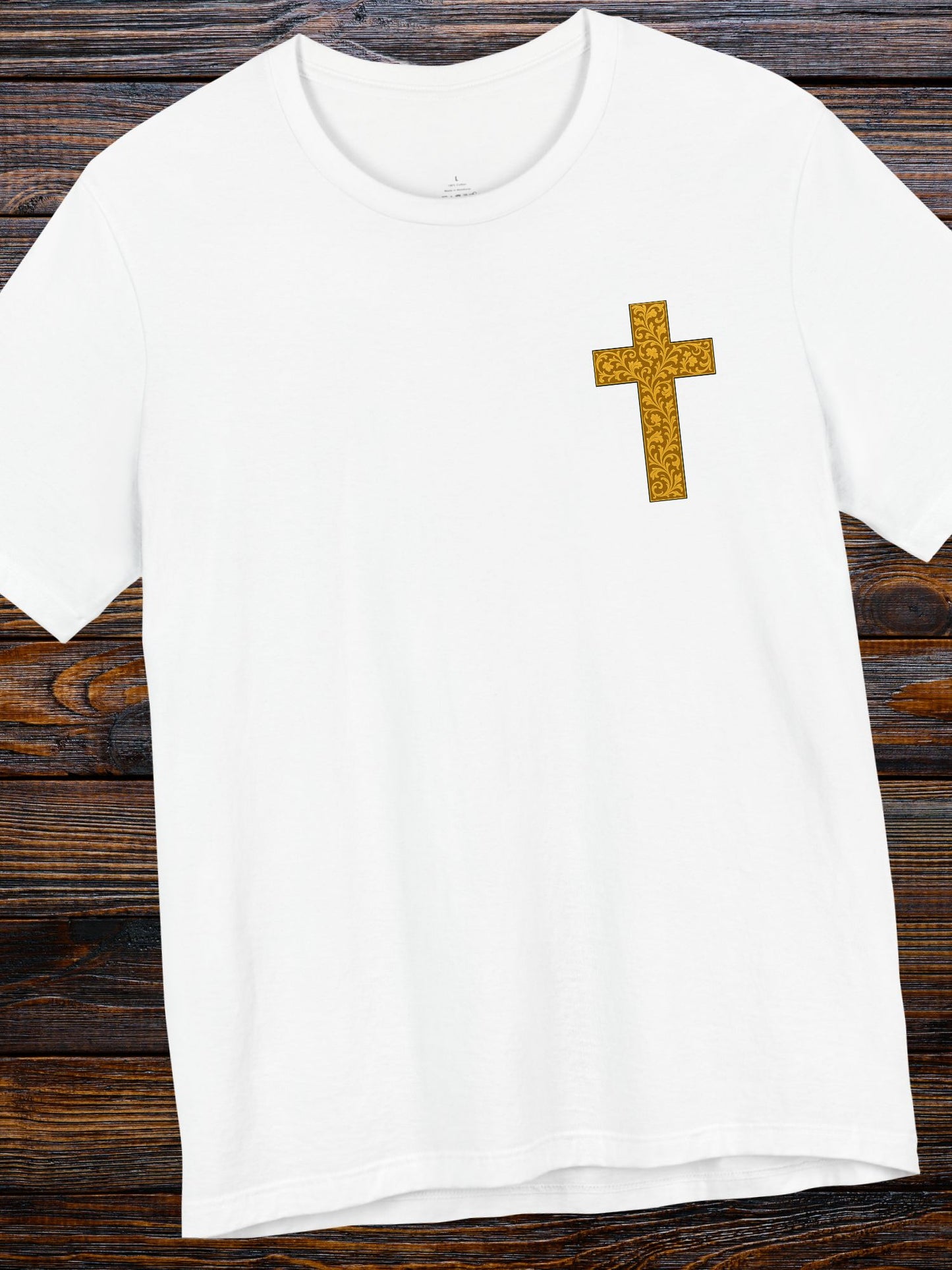 Ornate Gold Cross Front, Ornate Cross Shield Back Unisex T-Shirt, Christian Apparel