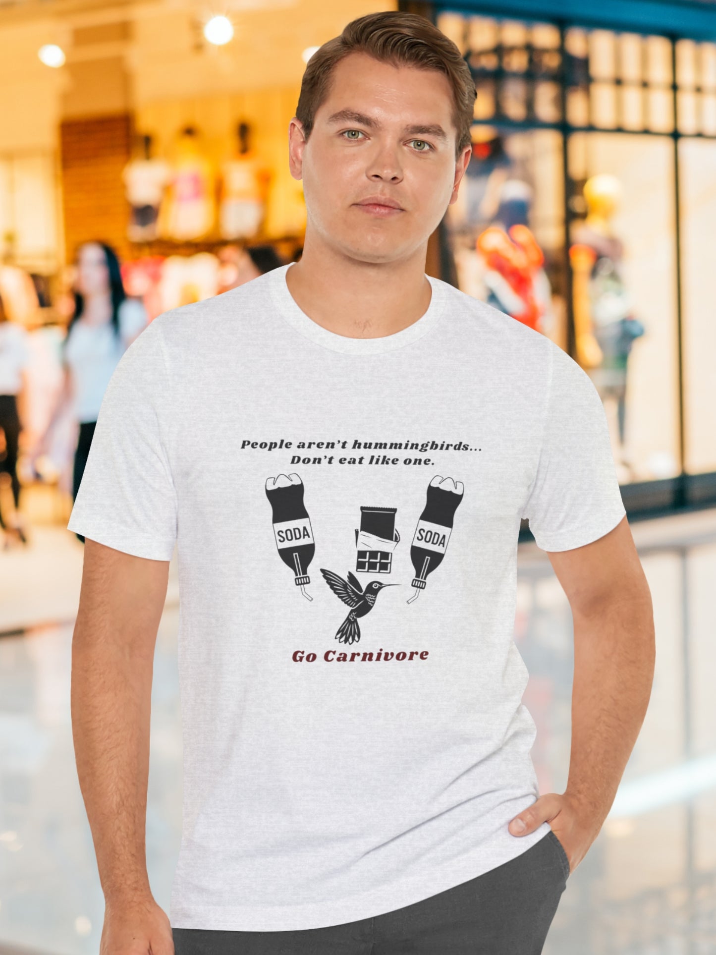 'People aren’t hummingbirds... Don’t eat like one. Go Carnivore' Hummingbird with Junk Food Graphic Unisex T-Shirt, Carnivore Diet Apparel, Health and Wellness