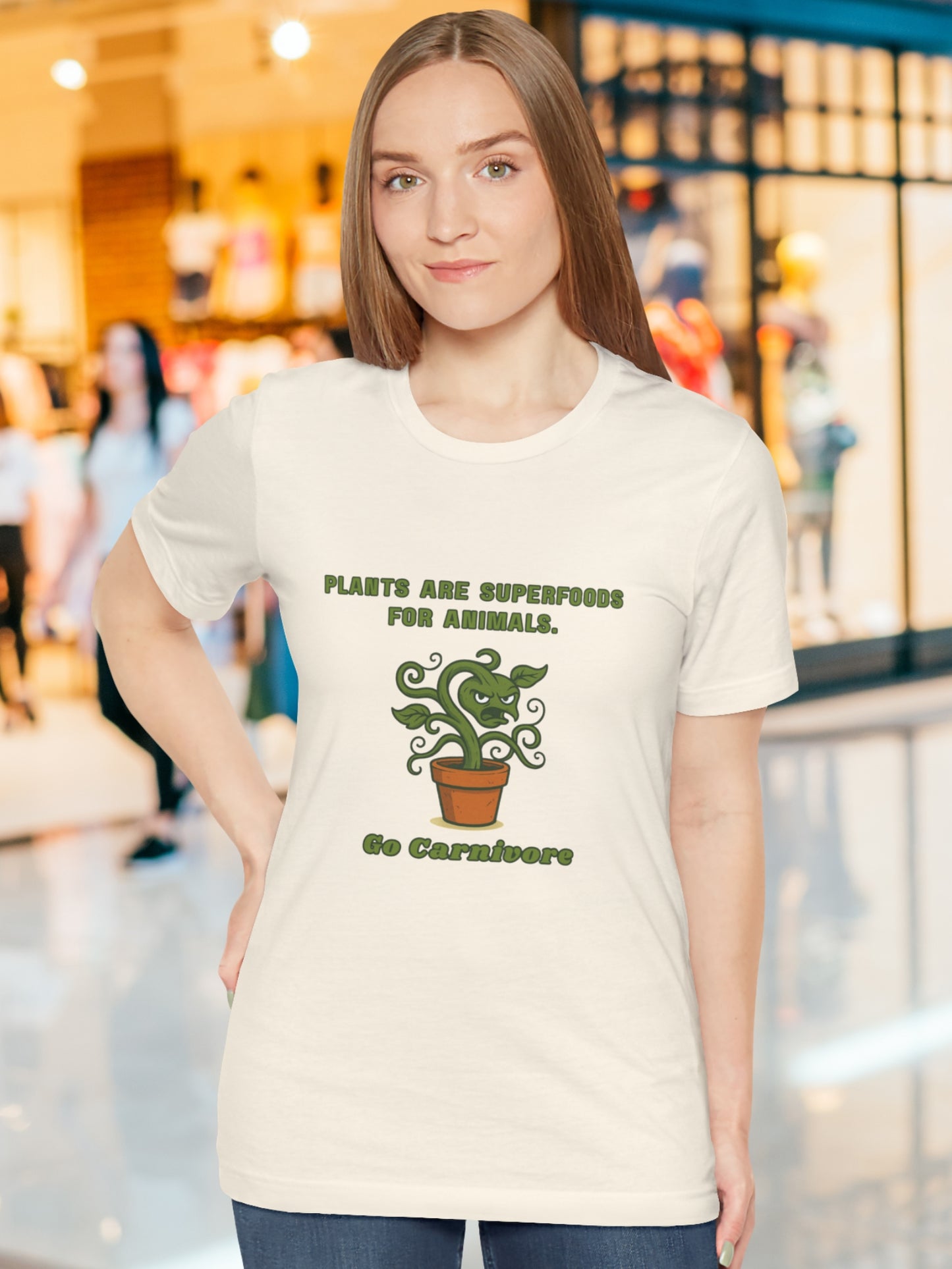 'Plants are Superfoods for Animals. Go Carnivore' Menacing Plant Graphic Unisex T-Shirt, Carnivore Diet Apparel, Health and Wellness