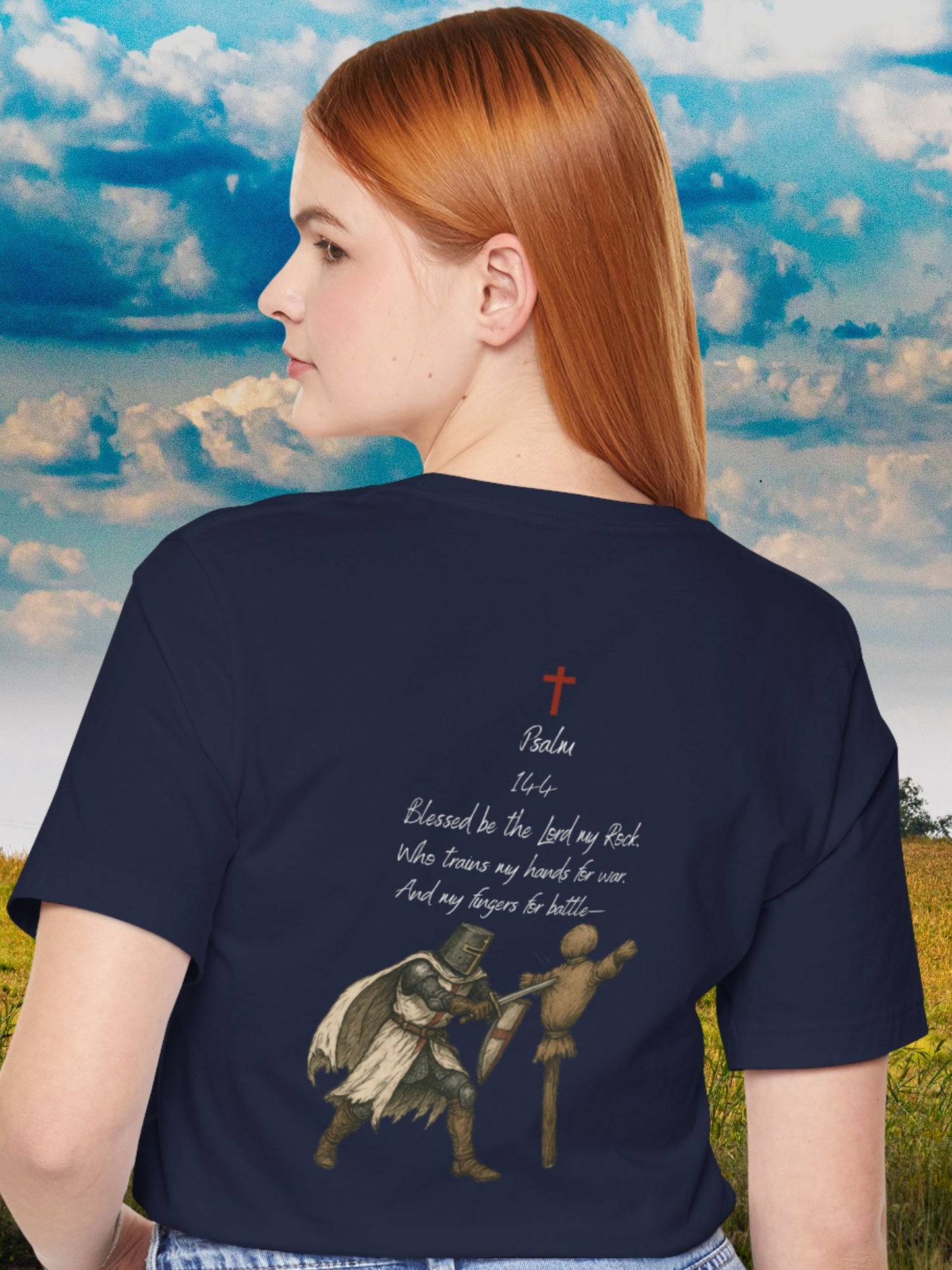 Psalm 144 with a knight training Graphic Unisex T-Shirt, Christian Apparel, Bible Verse Tee