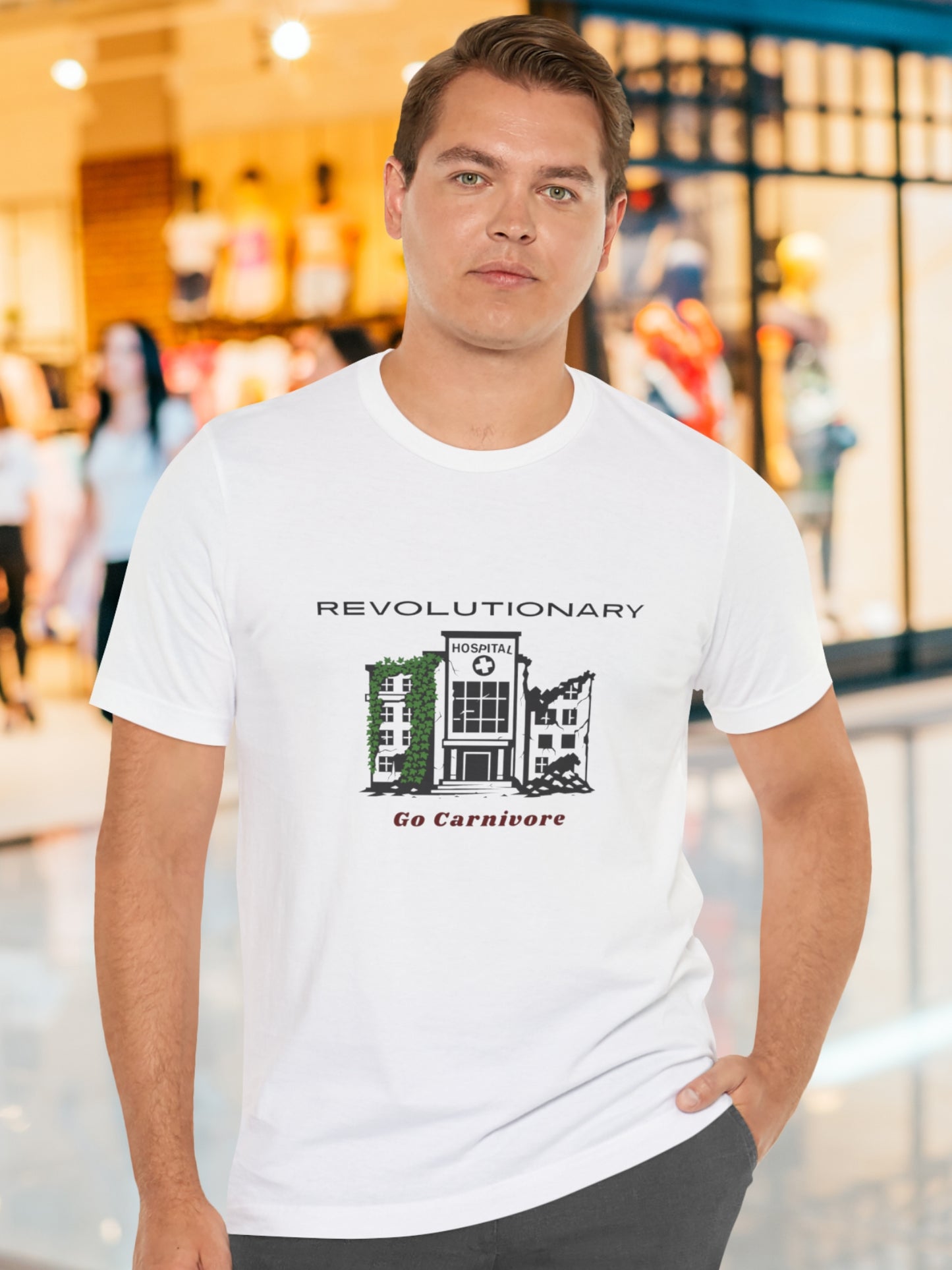 'Revolutionary, Go Carnivore' Derelict Hospital Graphic Unisex T-Shirt, Carnivore Diet Apparel, Health and Wellness