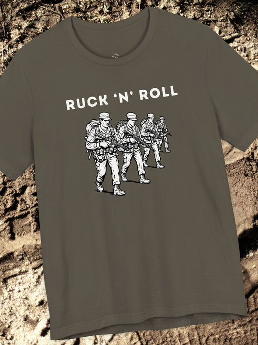 'Ruck 'N' Roll' Graphic Tee, Unisex Jersey Tee for Casual Style, Perfect Gift for Veterans, Active Duty Military, Music Lovers, Adventure Enthusiasts