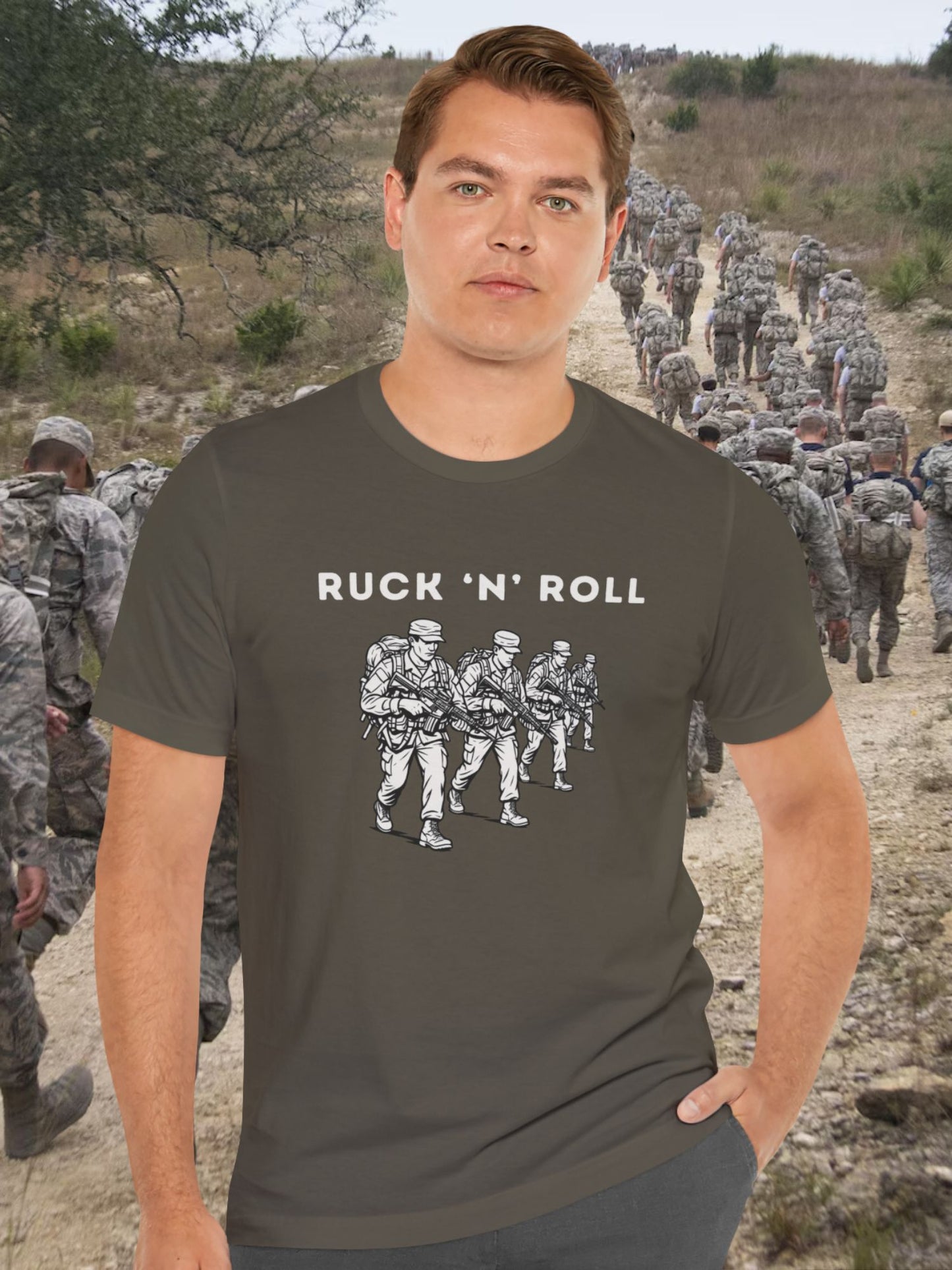 'Ruck 'N' Roll' Graphic Tee, Unisex Jersey Tee for Casual Style, Perfect Gift for Veterans, Active Duty Military, Music Lovers, Adventure Enthusiasts