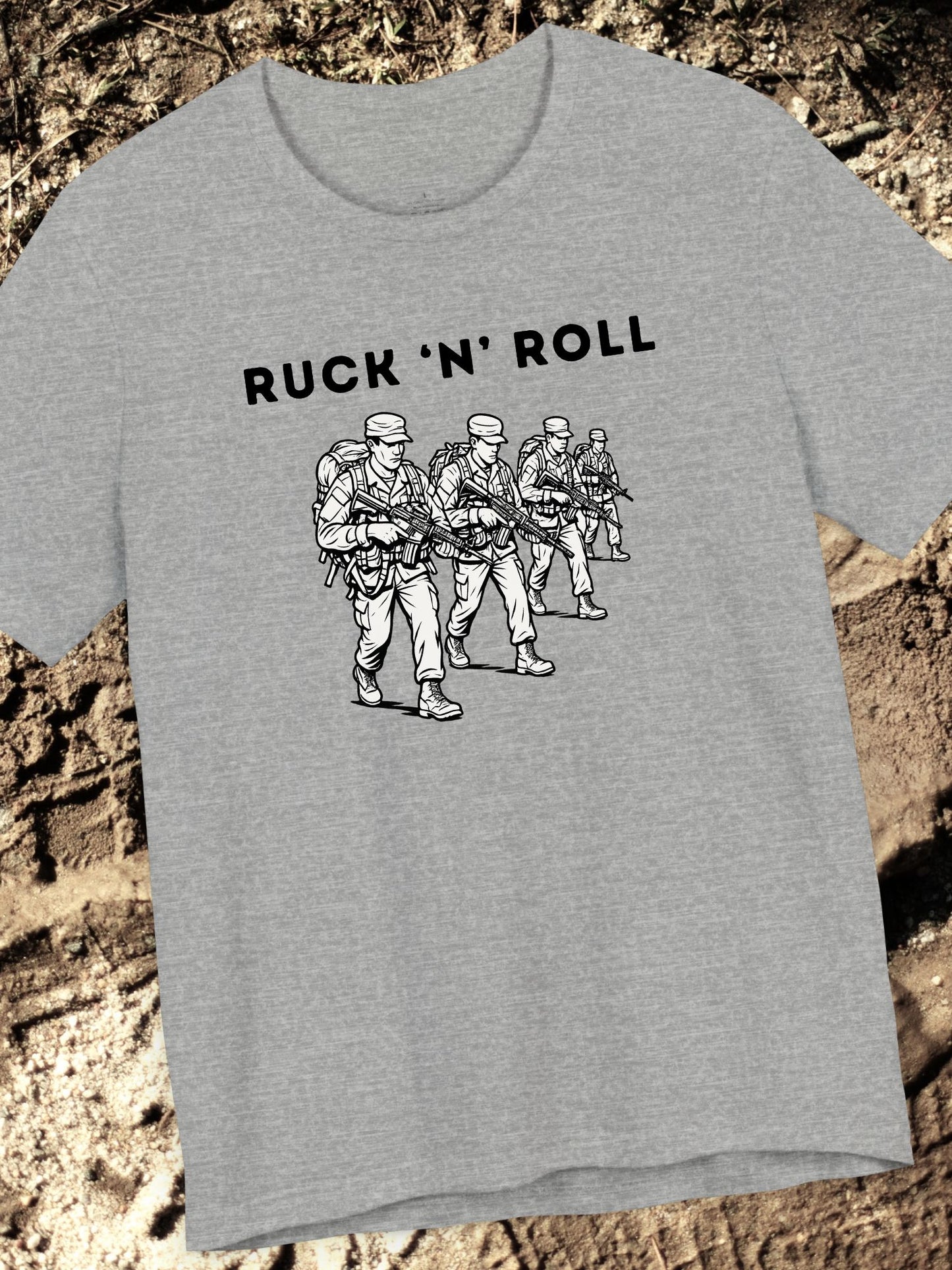'Ruck 'N' Roll' Graphic Tee, Unisex Jersey Tee for Casual Style, Perfect Gift for Veterans, Active Duty Military, Music Lovers, Adventure Enthusiasts