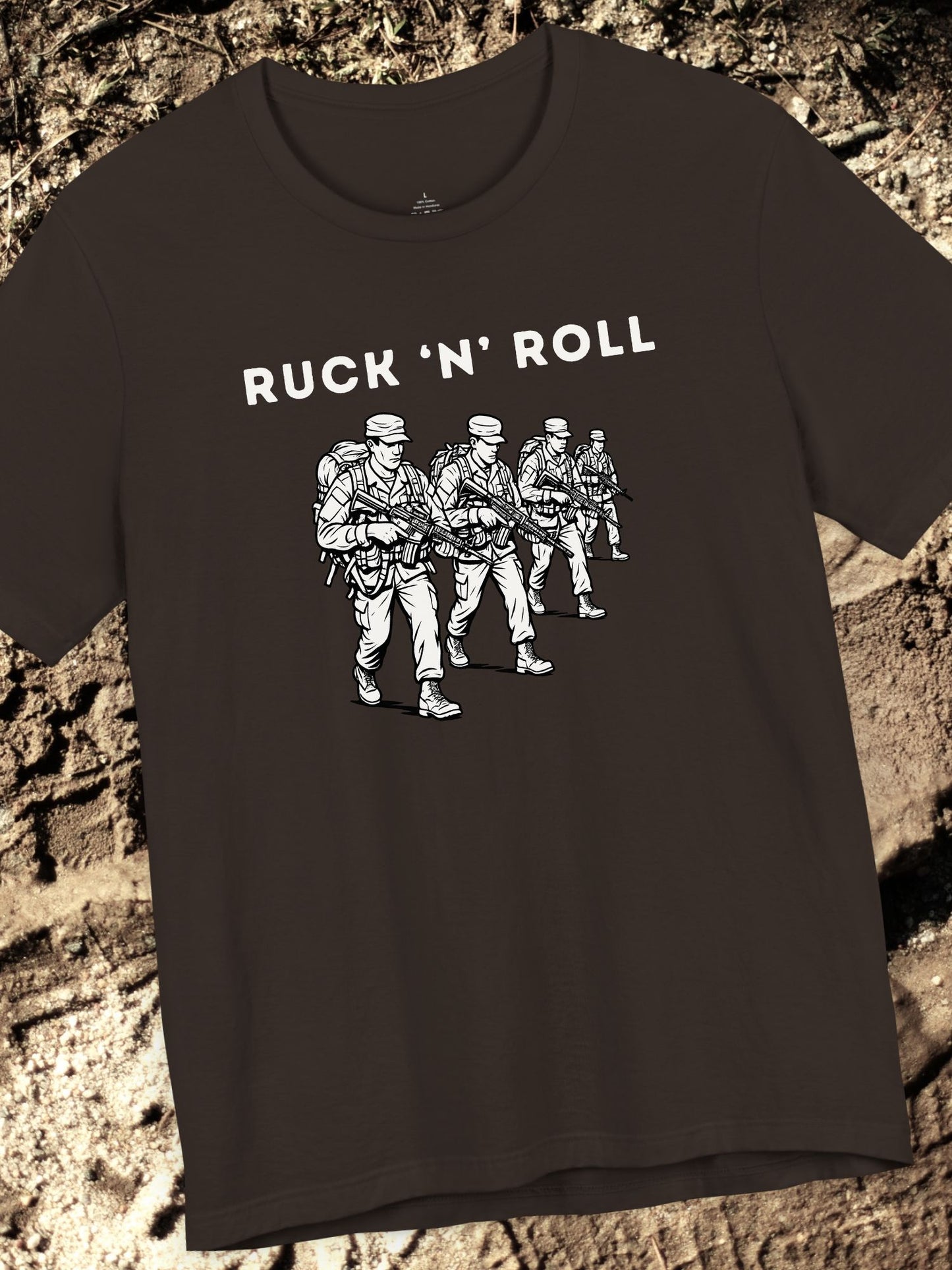 'Ruck 'N' Roll' Graphic Tee, Unisex Jersey Tee for Casual Style, Perfect Gift for Veterans, Active Duty Military, Music Lovers, Adventure Enthusiasts