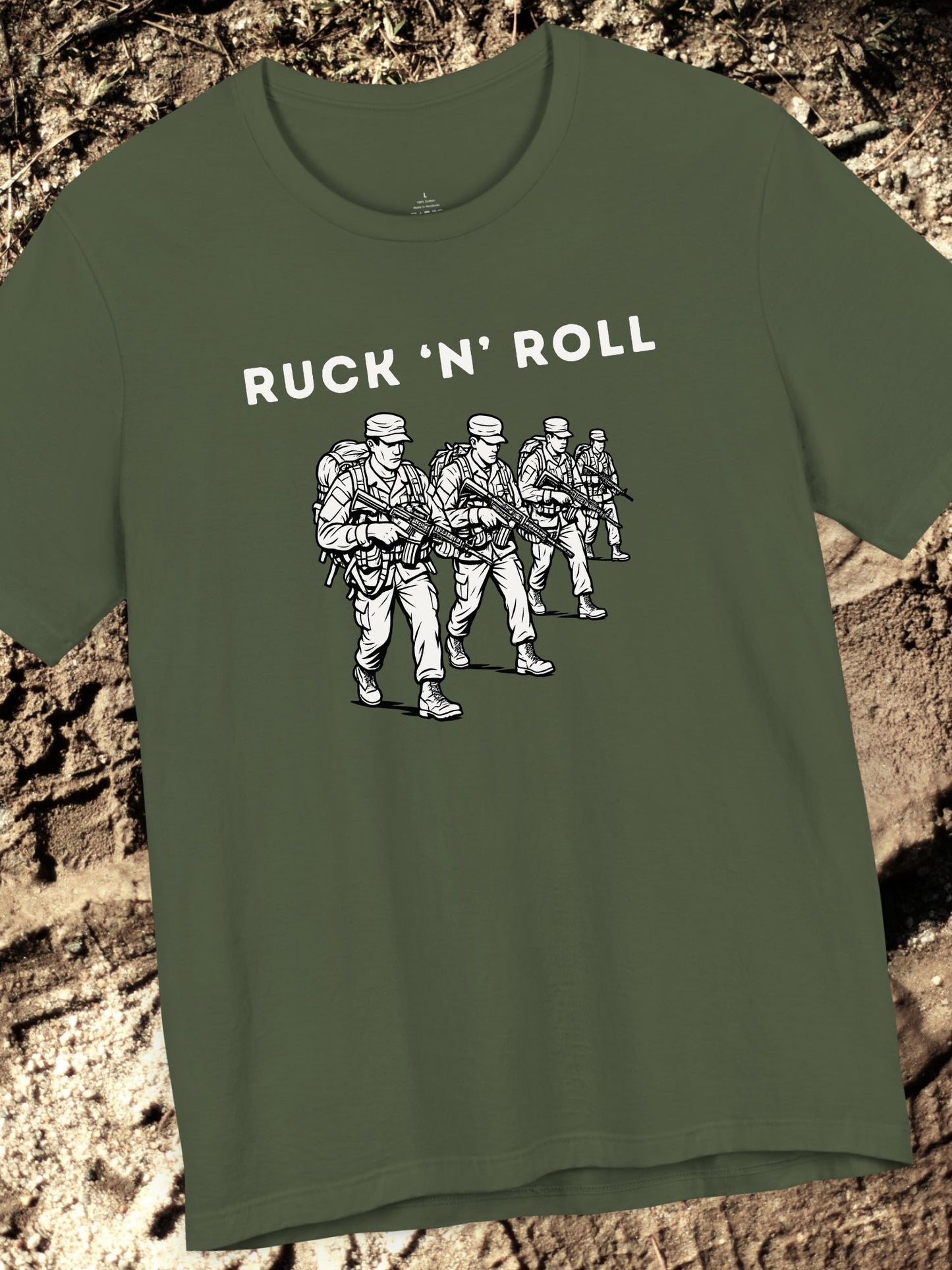 'Ruck 'N' Roll' Graphic Tee, Unisex Jersey Tee for Casual Style, Perfect Gift for Veterans, Active Duty Military, Music Lovers, Adventure Enthusiasts