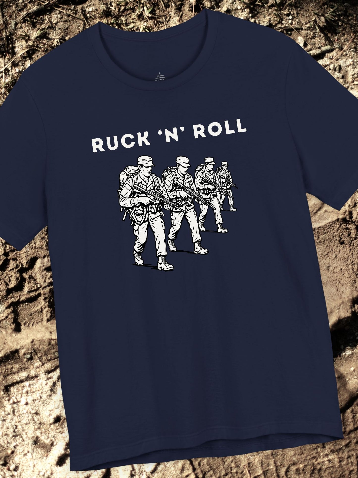 'Ruck 'N' Roll' Graphic Tee, Unisex Jersey Tee for Casual Style, Perfect Gift for Veterans, Active Duty Military, Music Lovers, Adventure Enthusiasts