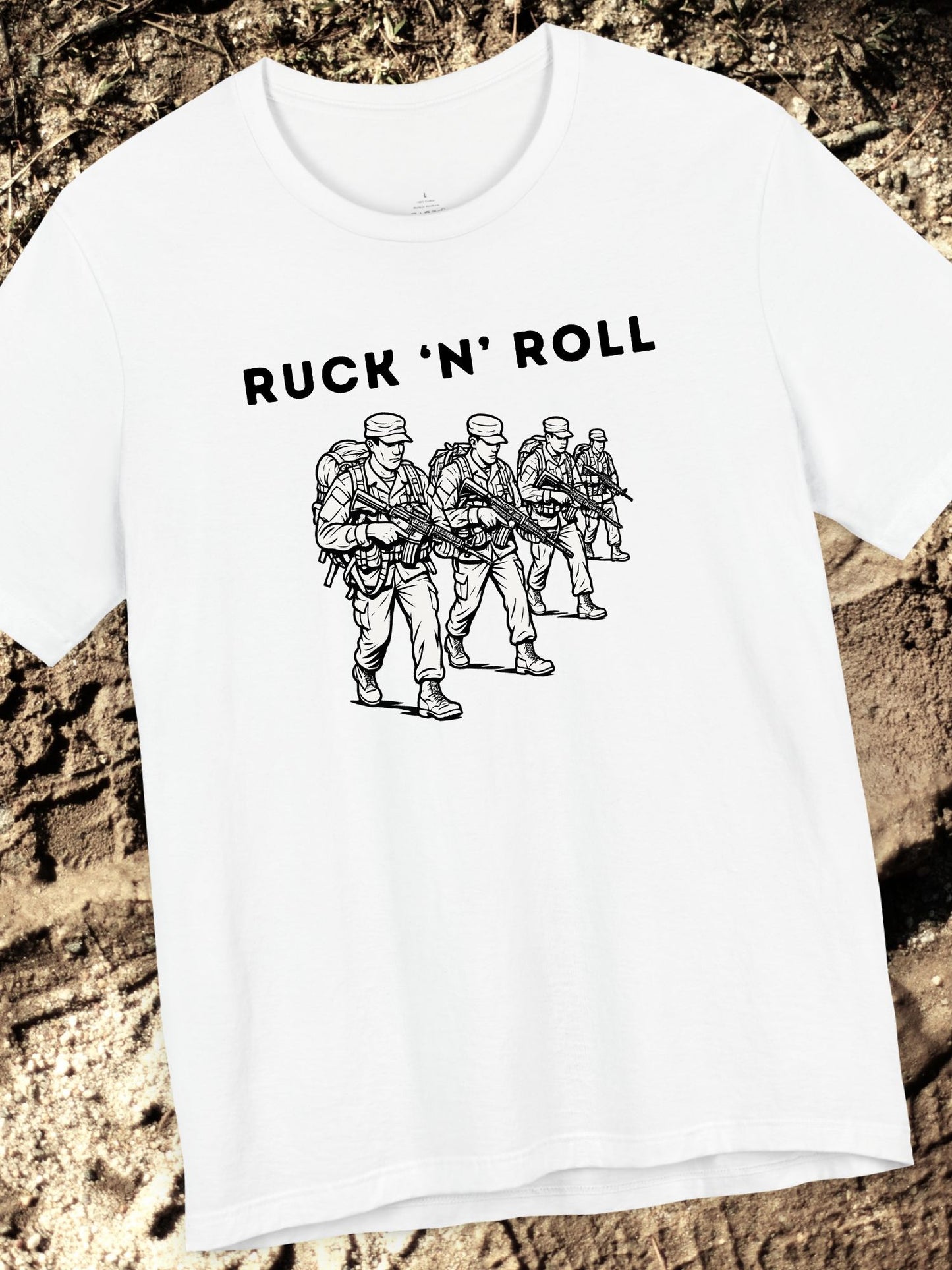 'Ruck 'N' Roll' Graphic Tee, Unisex Jersey Tee for Casual Style, Perfect Gift for Veterans, Active Duty Military, Music Lovers, Adventure Enthusiasts