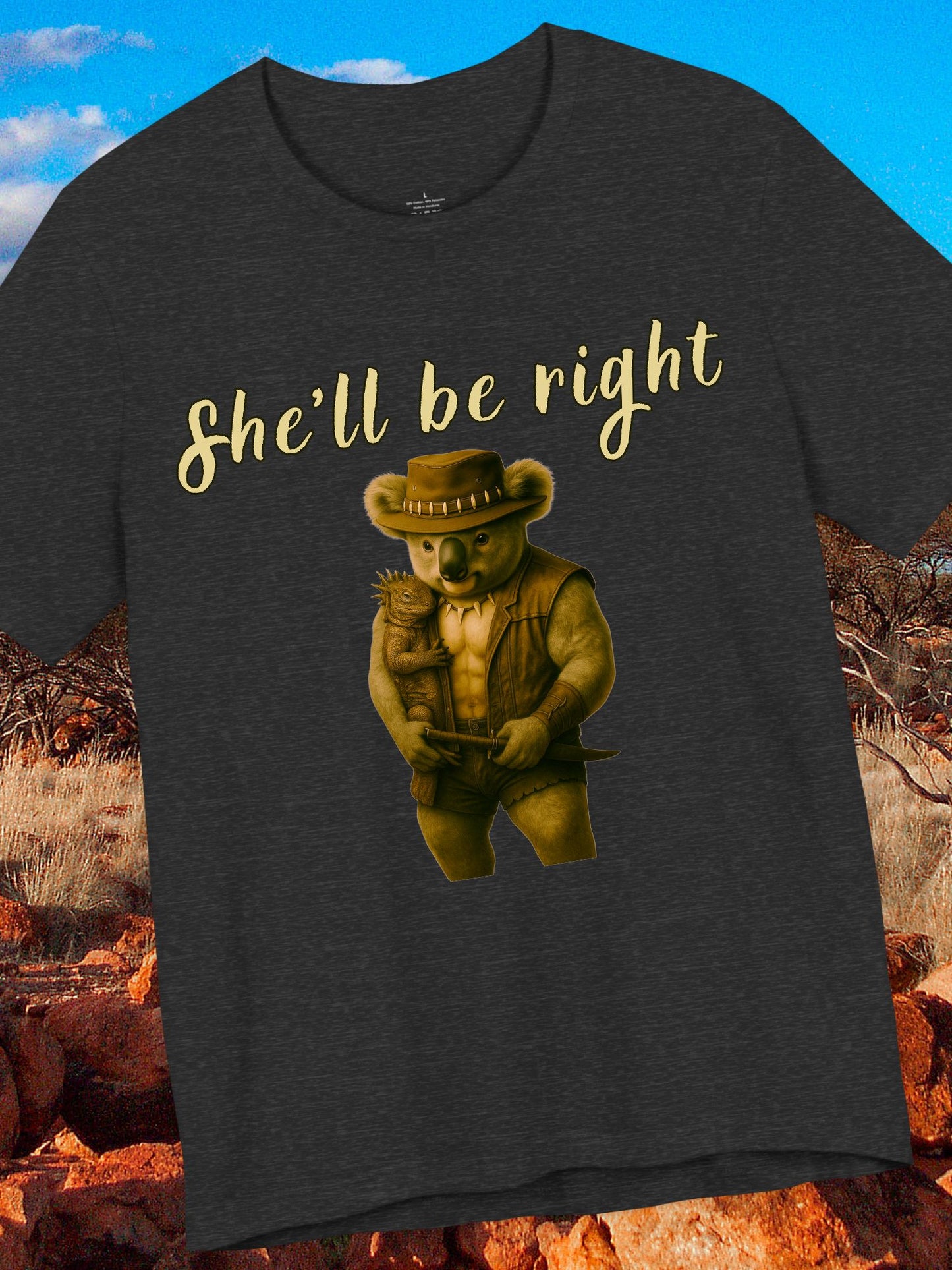 'She'll be right' Koala cuddling an iguana graphic - Unisex T-Shirt, Australian Gift