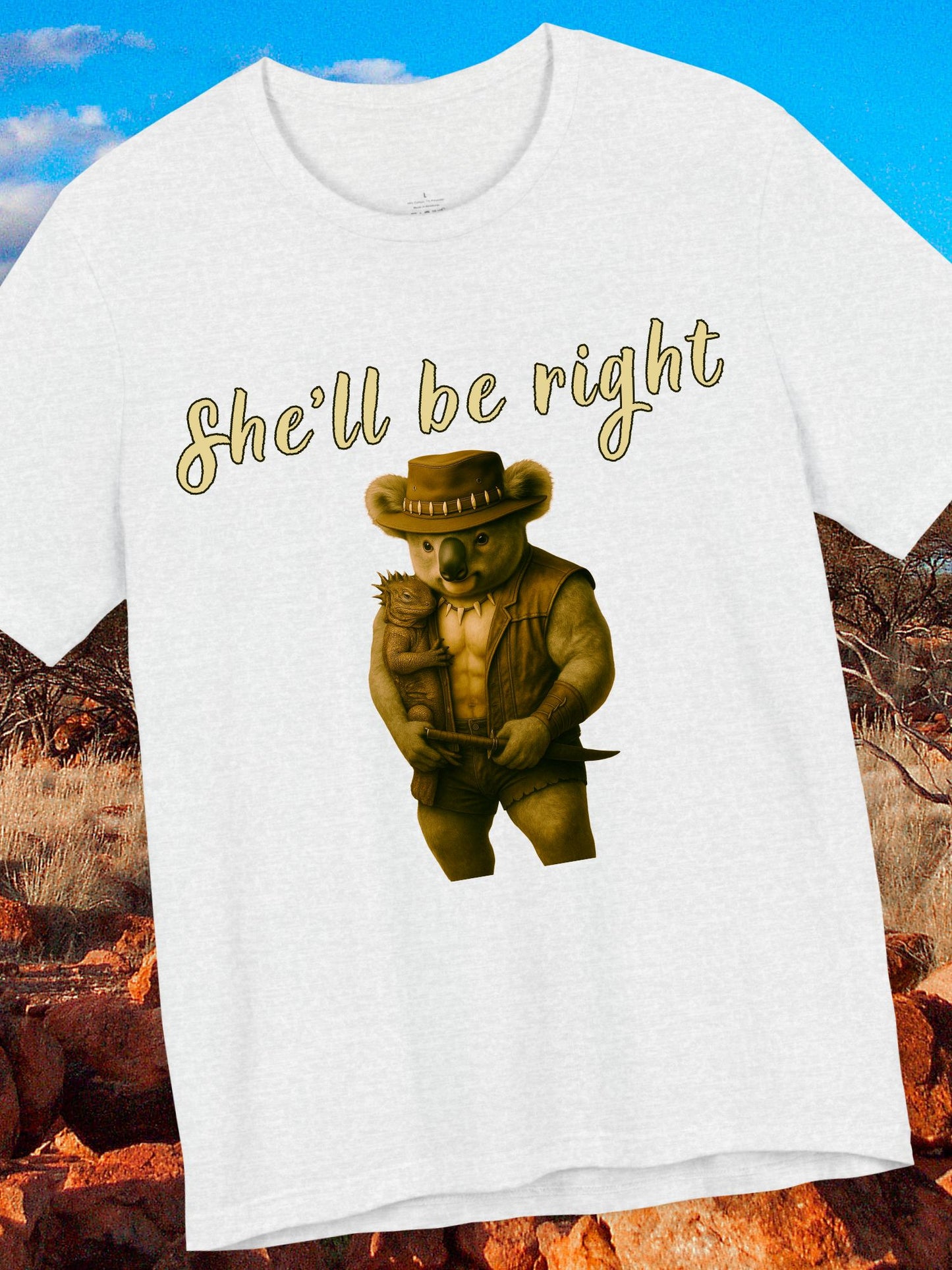 'She'll be right' Koala cuddling an iguana graphic - Unisex T-Shirt, Australian Gift