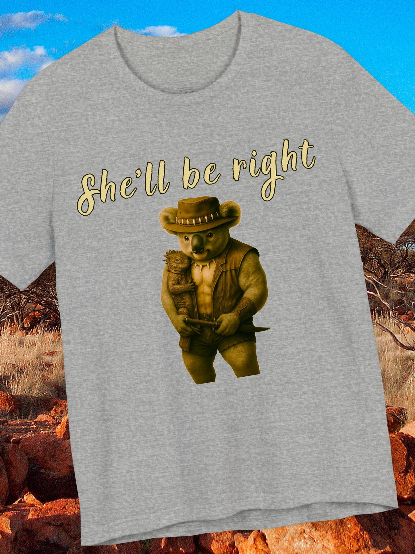 'She'll be right' Koala cuddling an iguana graphic - Unisex T-Shirt, Australian Gift