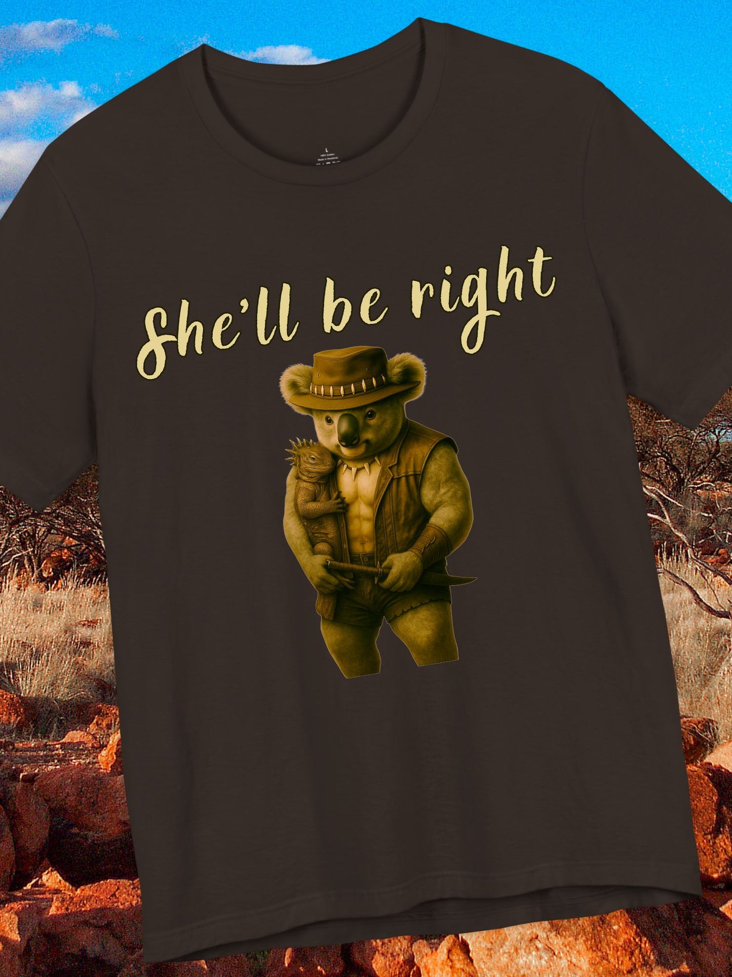 'She'll be right' Koala cuddling an iguana graphic - Unisex T-Shirt, Australian Gift