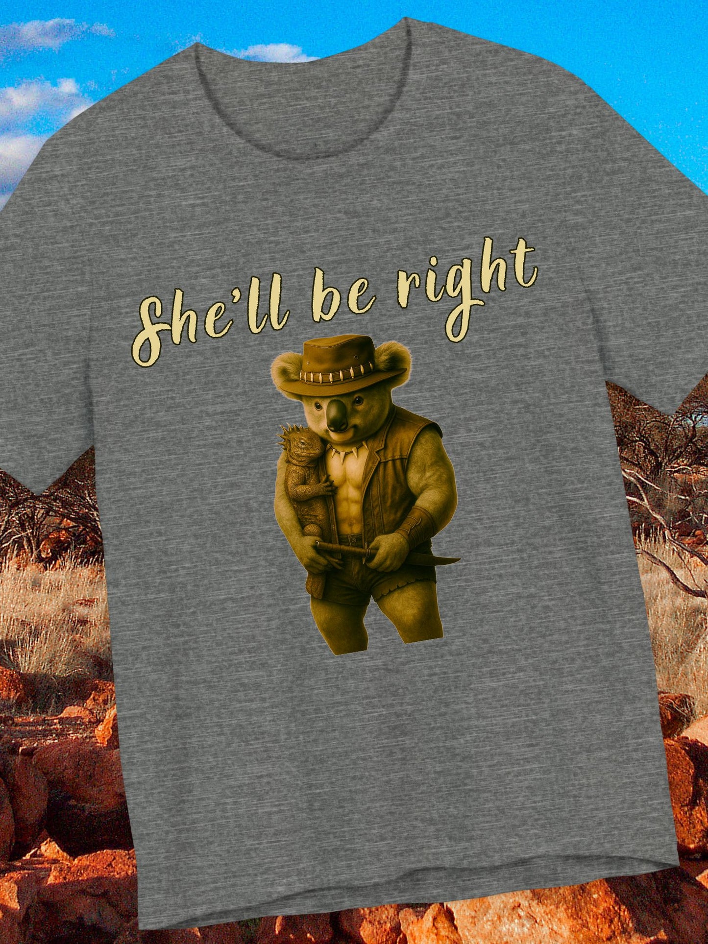 'She'll be right' Koala cuddling an iguana graphic - Unisex T-Shirt, Australian Gift