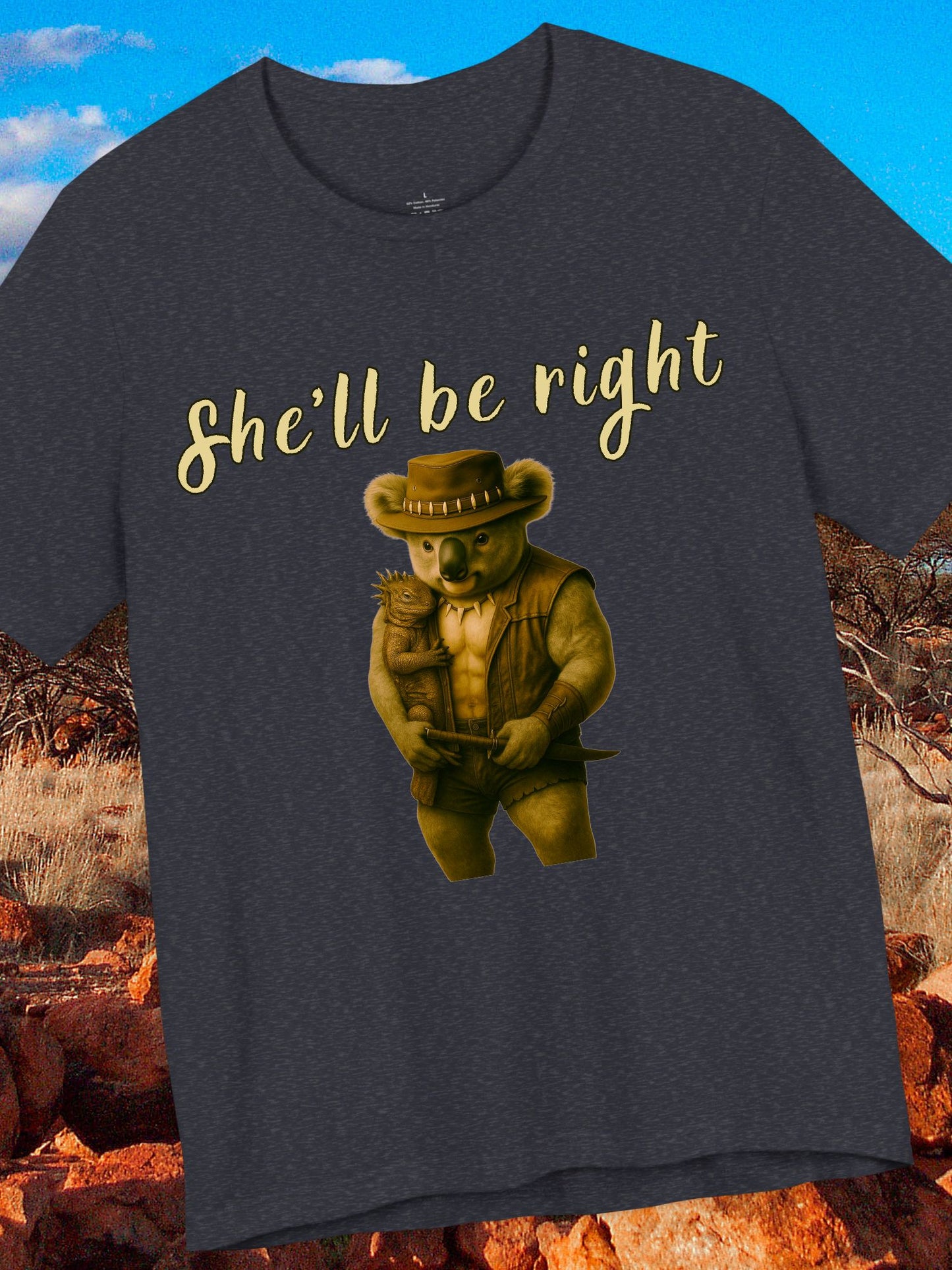 'She'll be right' Koala cuddling an iguana graphic - Unisex T-Shirt, Australian Gift