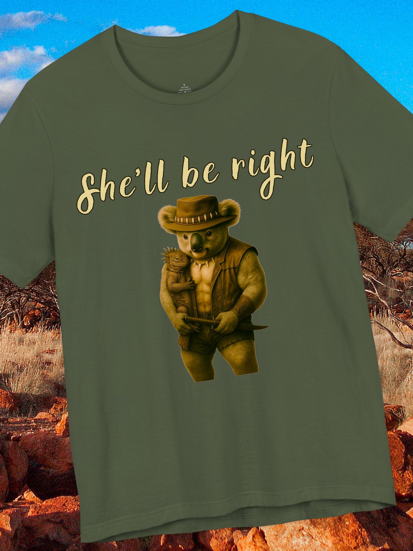 'She'll be right' Koala cuddling an iguana graphic - Unisex T-Shirt, Australian Gift